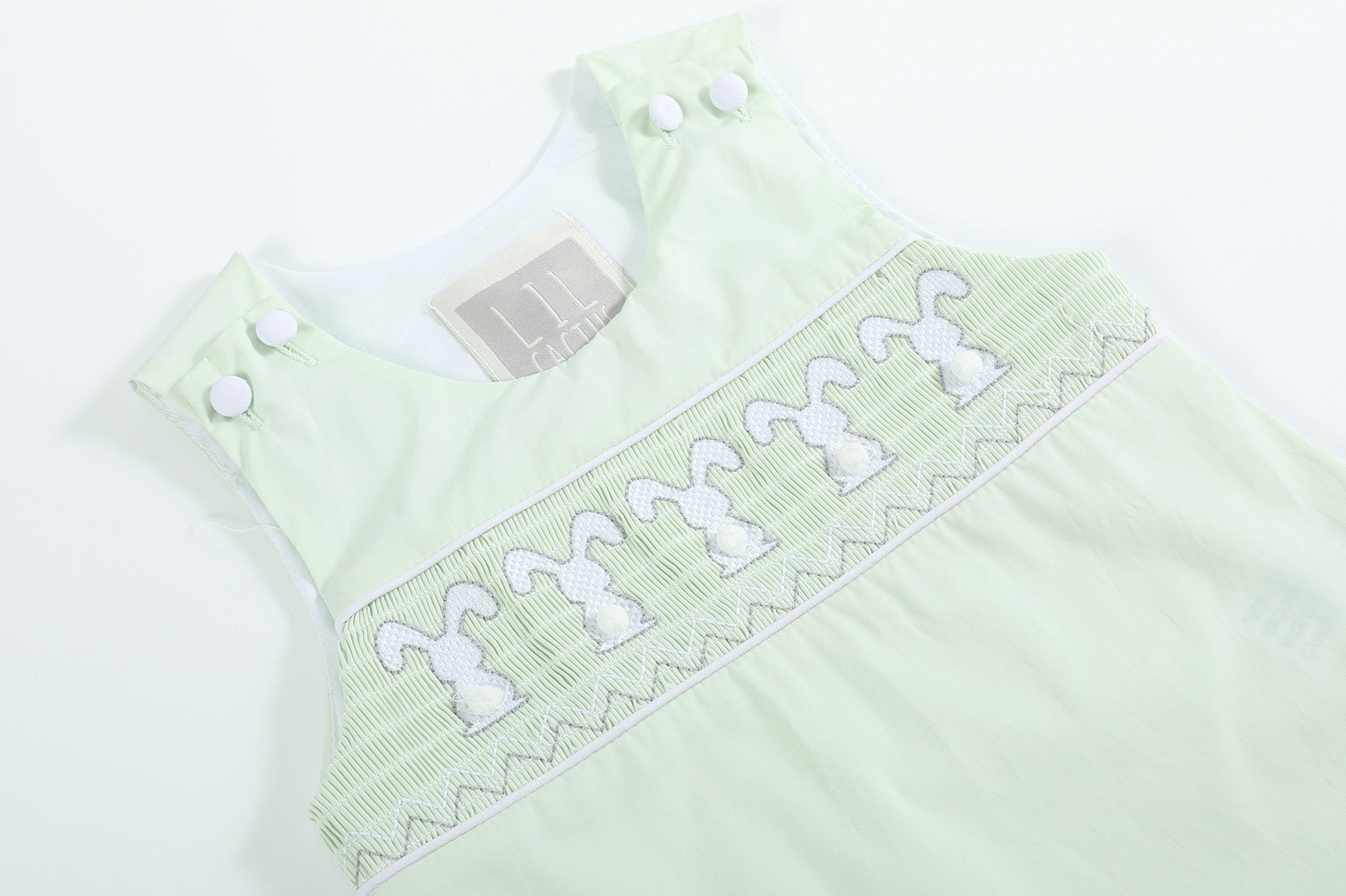 Honeydew Green Bunny Smocked Shortalls