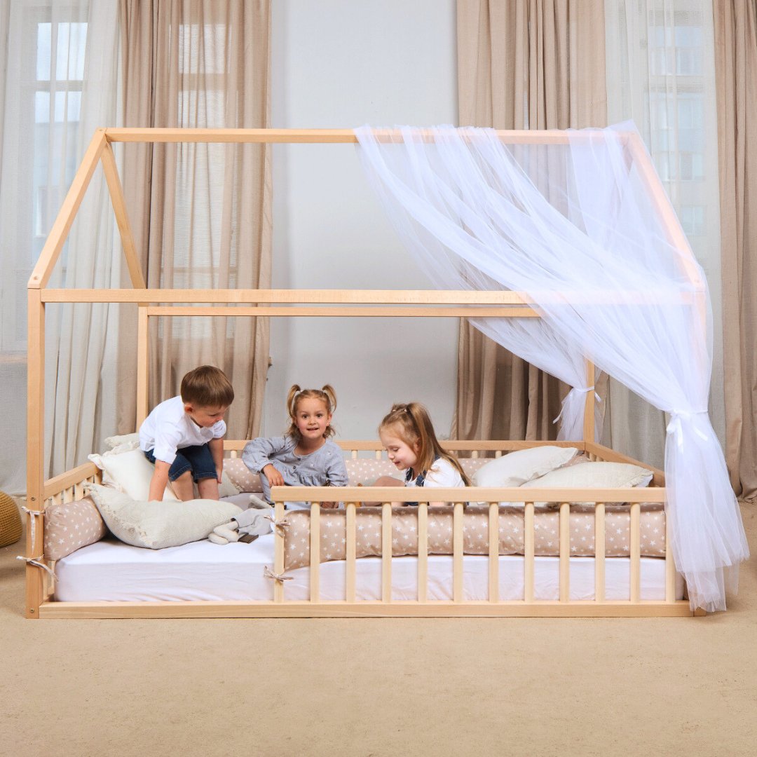 Twin Size Montessori House Bed For Kids With Fence