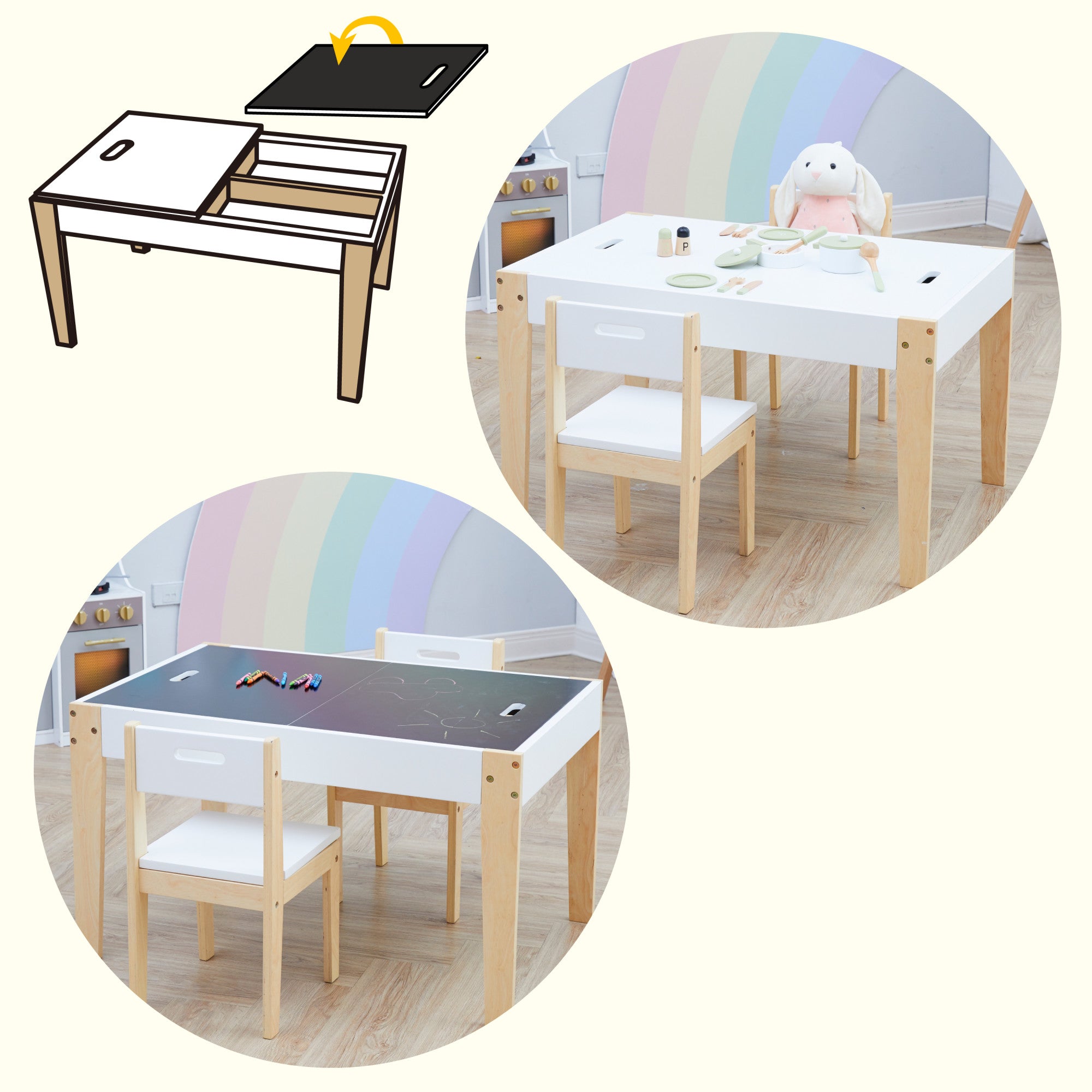 Fantasy Fields 3 Piece Play Table And Chairs Set With Storage And 2-way Chalkboard Table Top, White