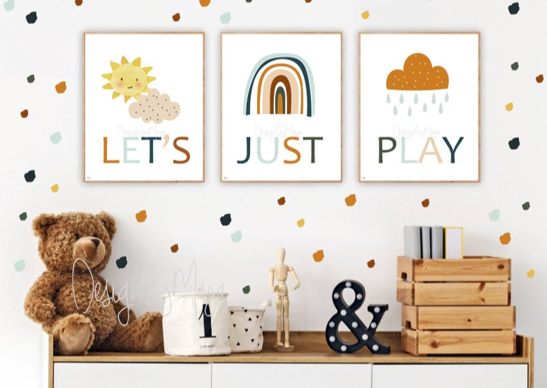 "let's Just Play" - Sunshine, Rainbow, Clouds Playroom Set - Luster Paper Nursery Wall Art Prints