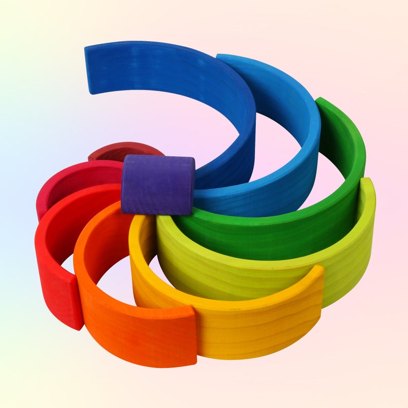 10 Pcs Stained Wooden Rainbow Stacking Puzzle Blocks In Sunset Color