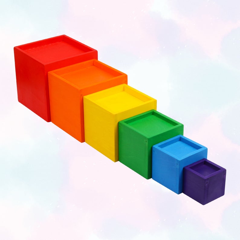 6 Pcs Colored Rainbow Wooden Nesting Box Set In Primary Color