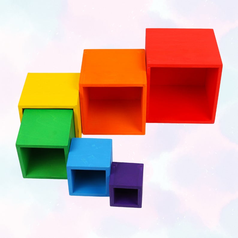 6 Pcs Colored Rainbow Wooden Nesting Box Set In Primary Color