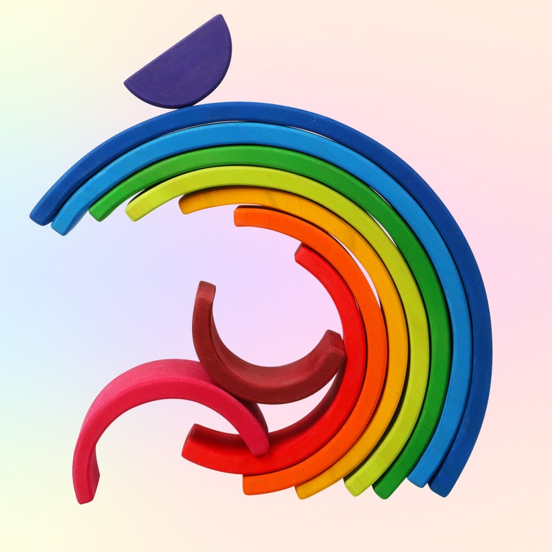 10 Pcs Stained Wooden Rainbow Stacking Puzzle Blocks In Sunset Color