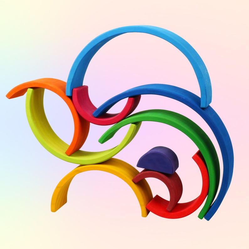 10 Pcs Stained Wooden Rainbow Stacking Puzzle Blocks In Sunset Color