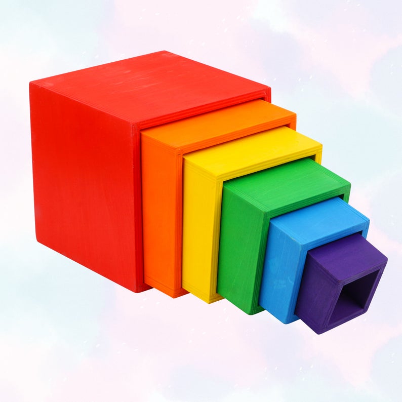 6 Pcs Colored Rainbow Wooden Nesting Box Set In Primary Color
