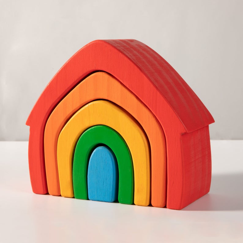 5 Pcs Stained Rainbow Wooden Stacking House