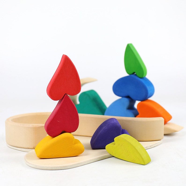 10 Pcs Stained Rainbow Heart-shaped Wooden Stacking Puzzle Blocks