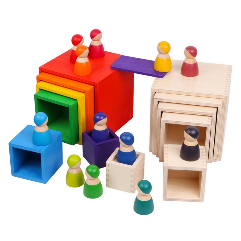 6 Pcs Colored Rainbow Wooden Nesting Box Set In Primary Color