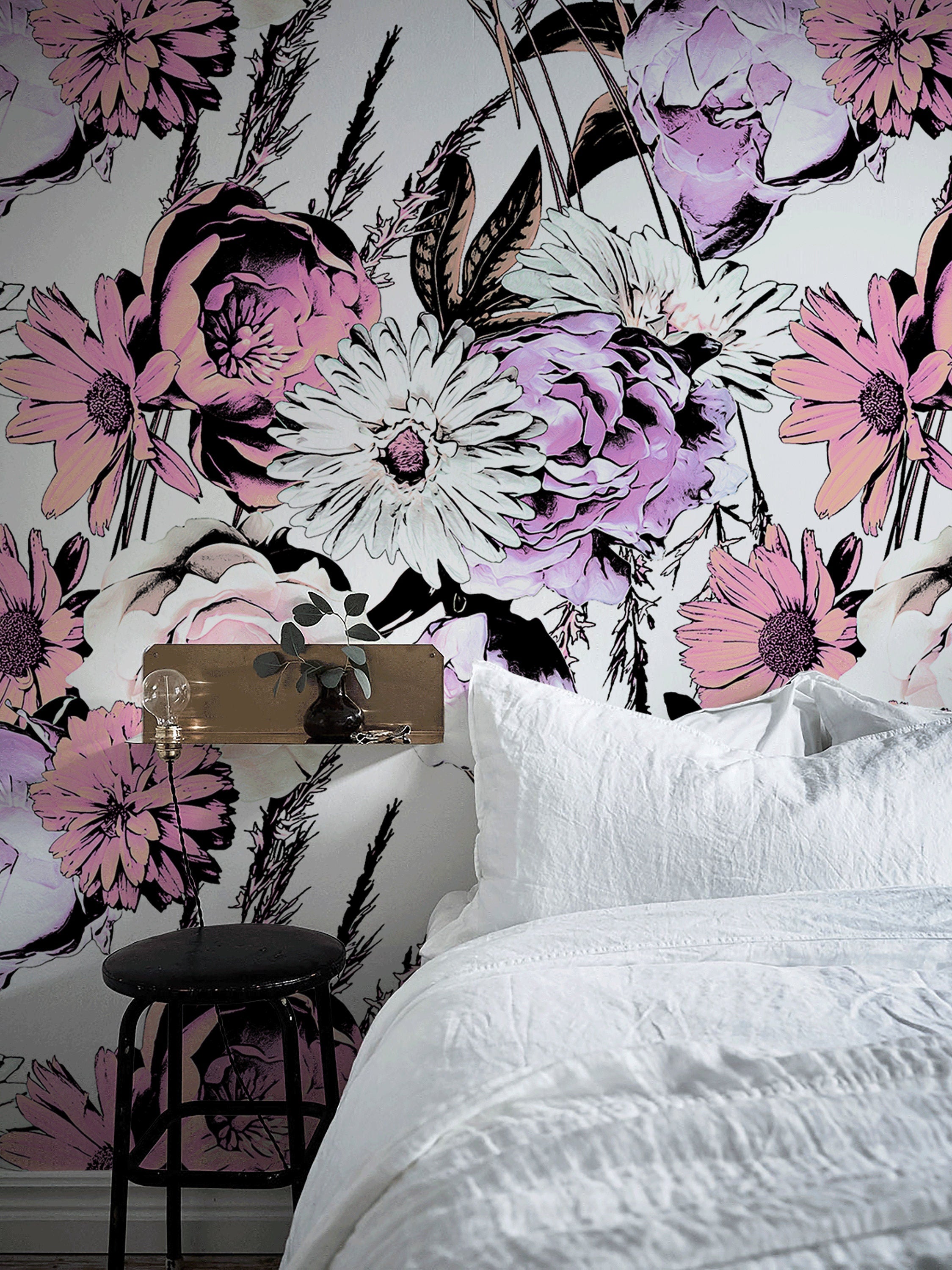 Floral Wallpaper With Illustrated Bouquets In Pink, Purple, And Black - B080