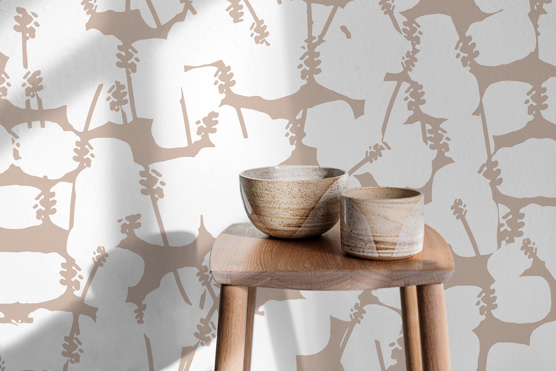 Floral Wallpaper With Abstract Floral Silhouettes In Beige - X008