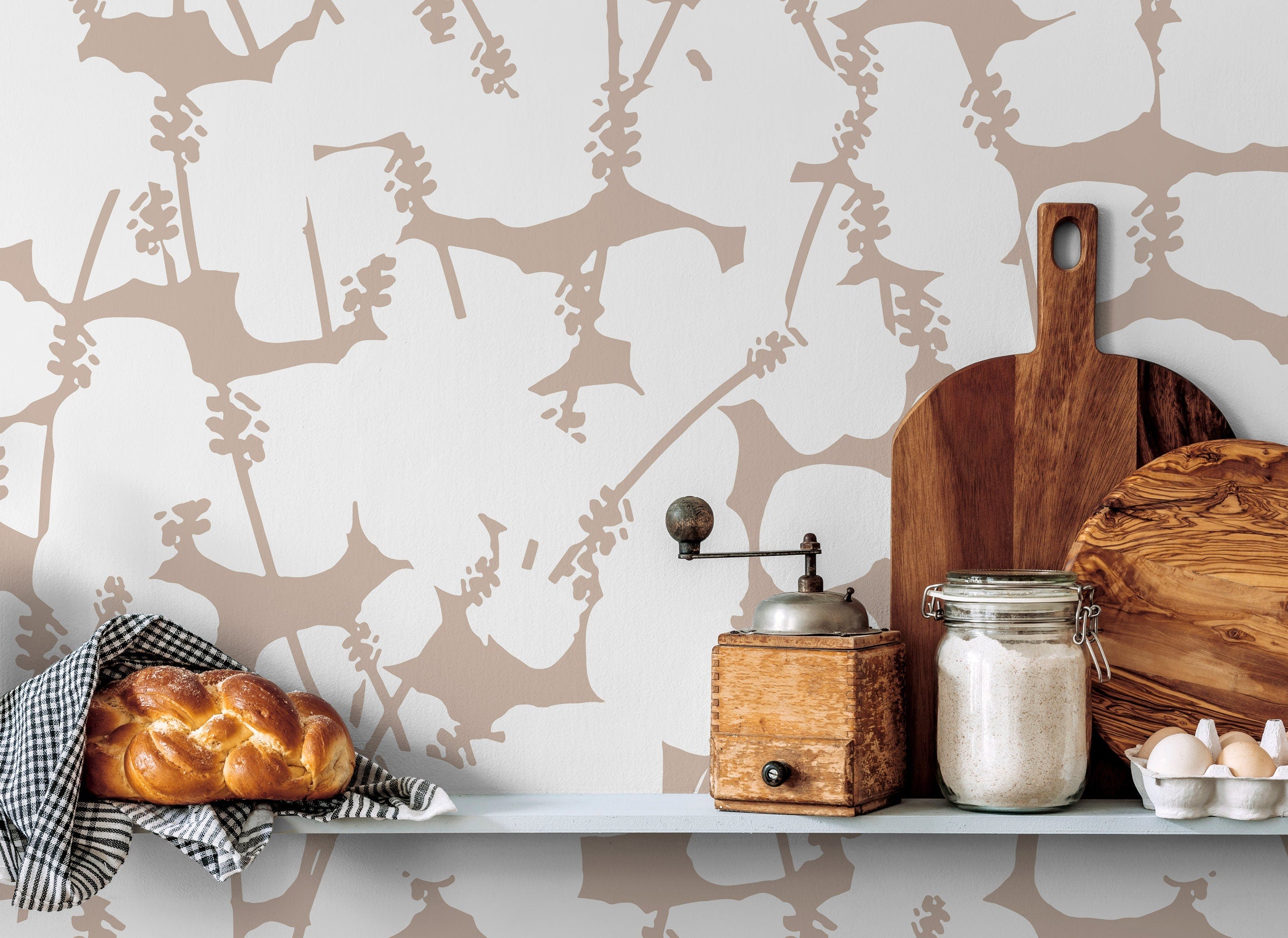 Floral Wallpaper With Abstract Floral Silhouettes In Beige - X008