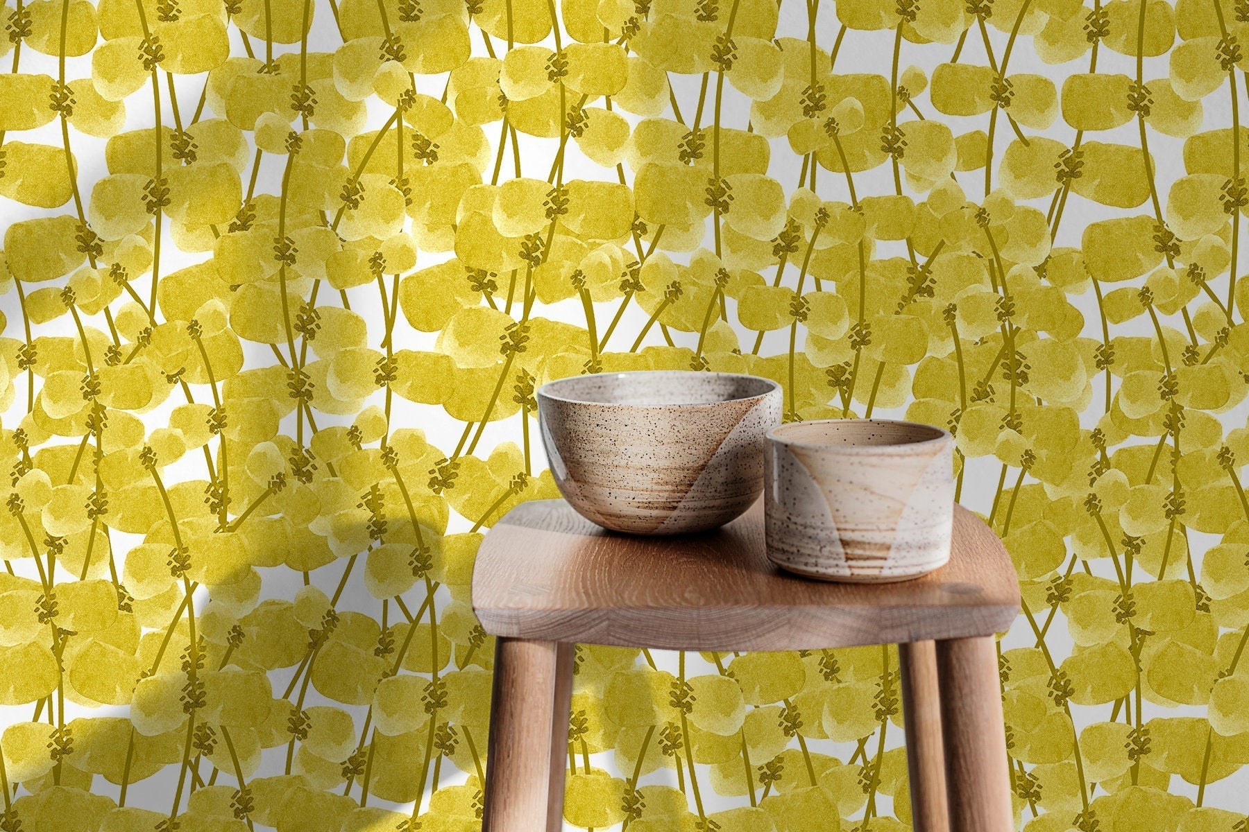Botanical Wallpaper With Watercolor Style Leaves In Yellow And Olive - X006