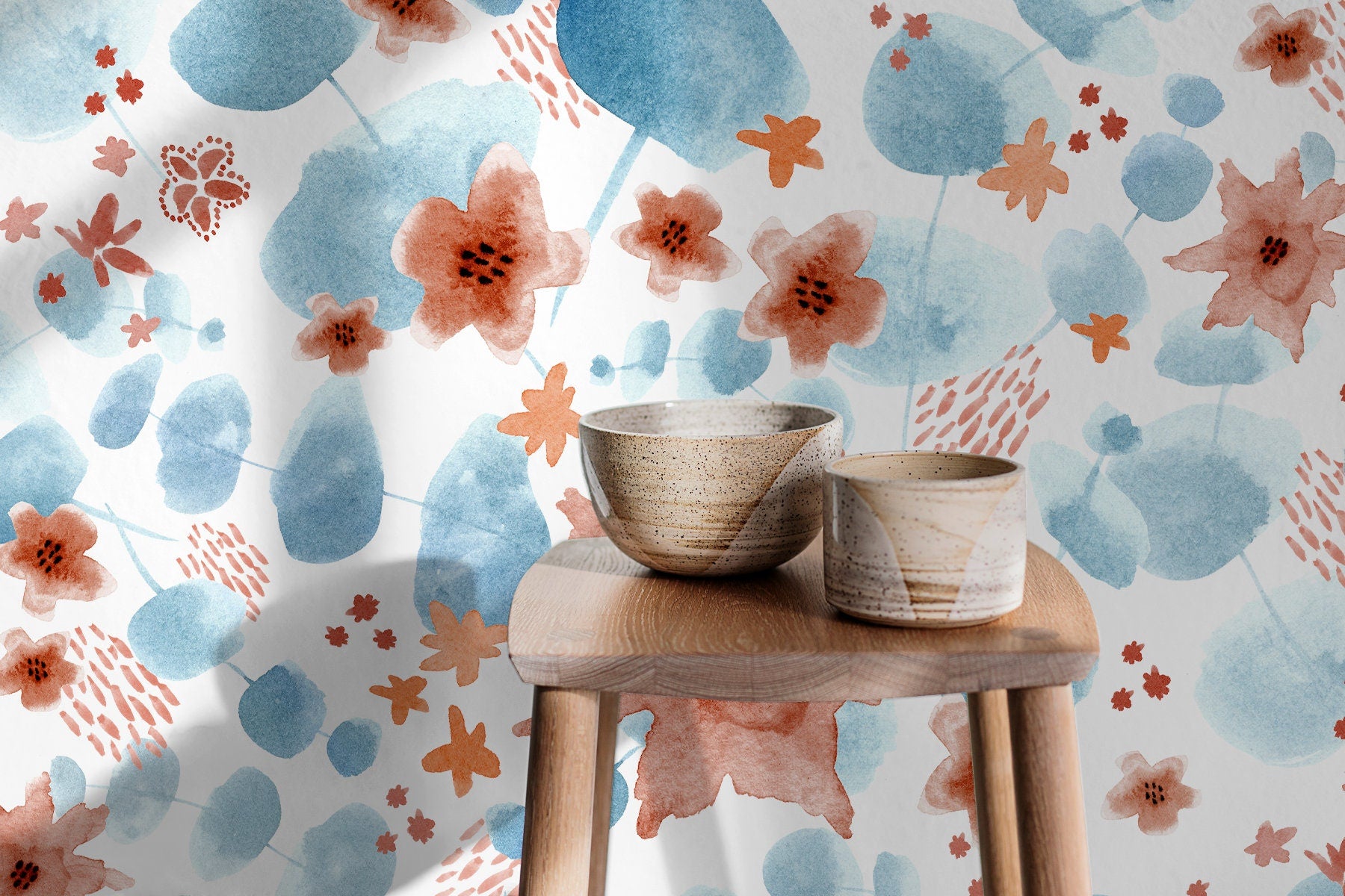 Abstract Wallpaper With Watercolor Florals In Blue And Terracotta - X003