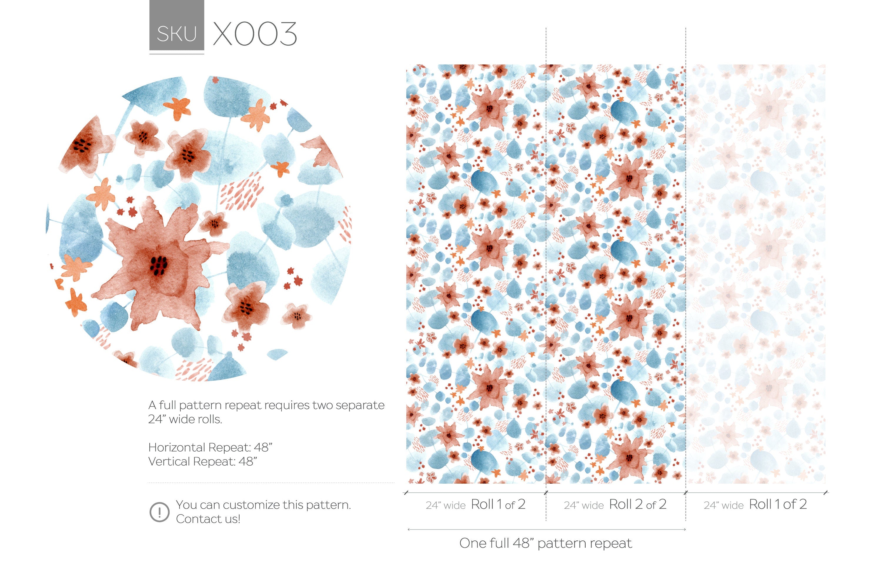 Abstract Wallpaper With Watercolor Florals In Blue And Terracotta - X003