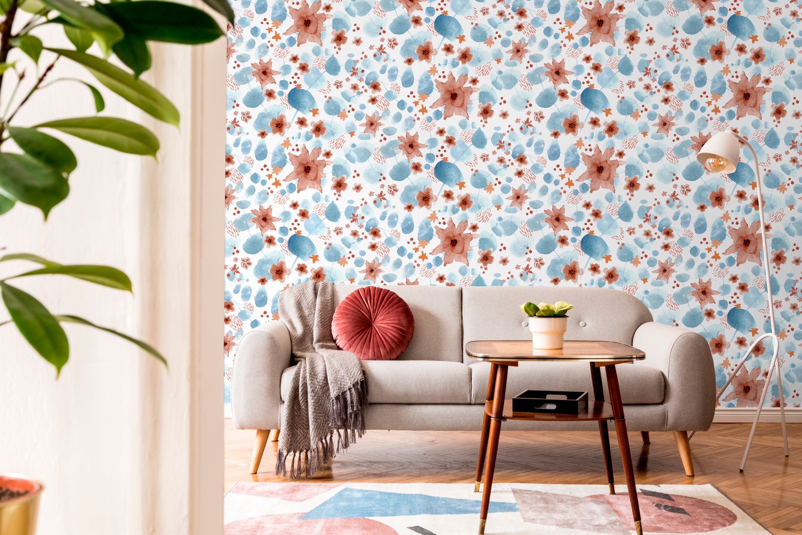 Abstract Wallpaper With Watercolor Florals In Blue And Terracotta - X003
