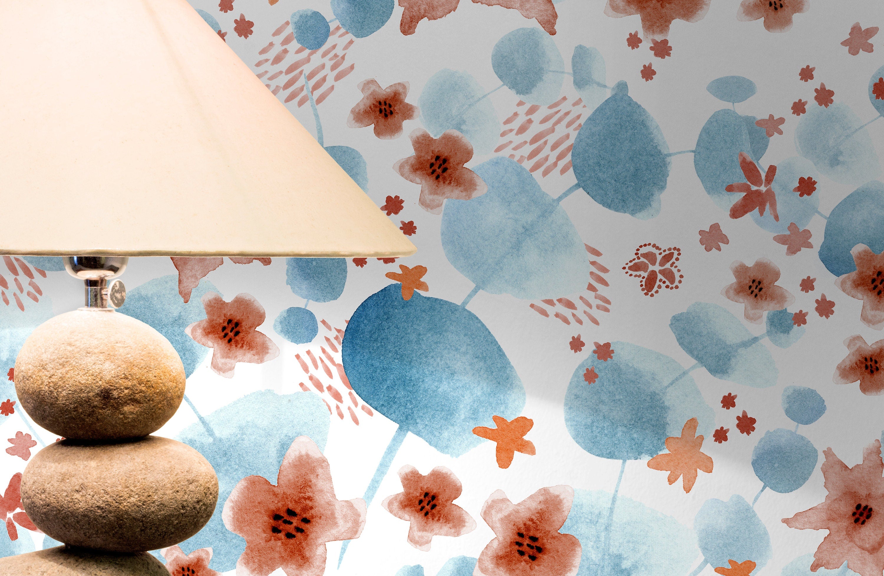 Abstract Wallpaper With Watercolor Florals In Blue And Terracotta - X003