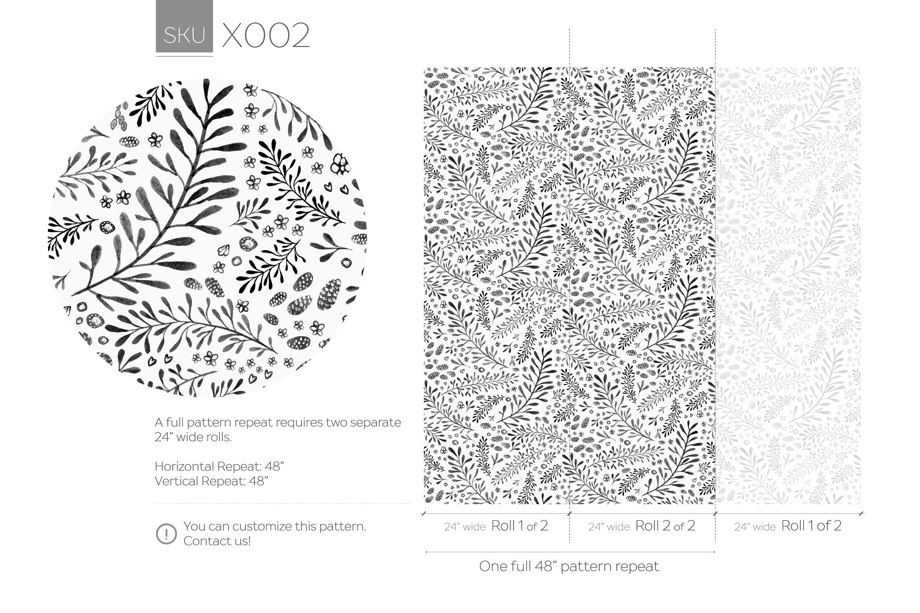 Botanical Wallpaper With Hand-drawn Florals And Leaves In Black And Gray - X002