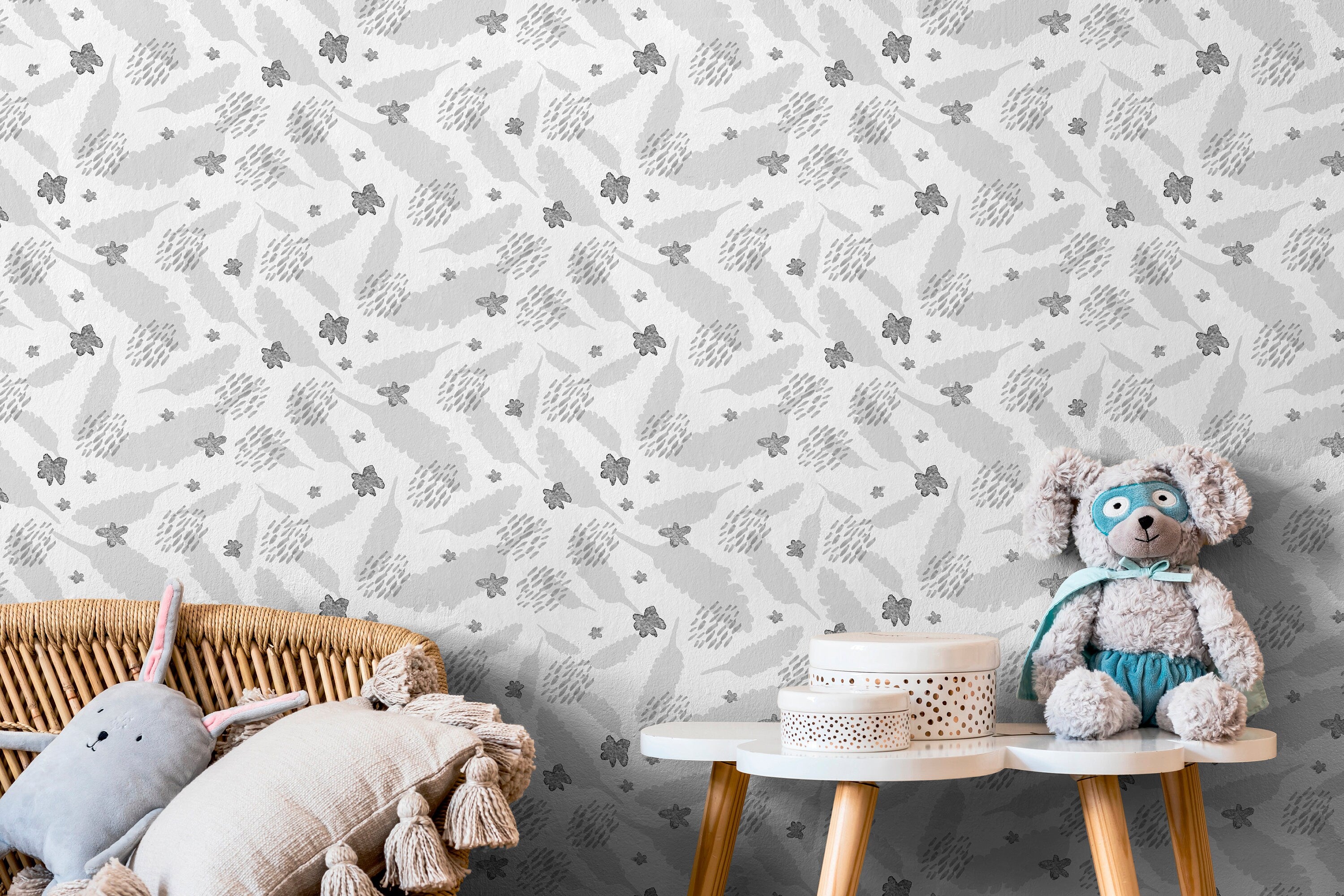Abstract Wallpaper With Leaf And Flower Motifs In Grey And Black - X005