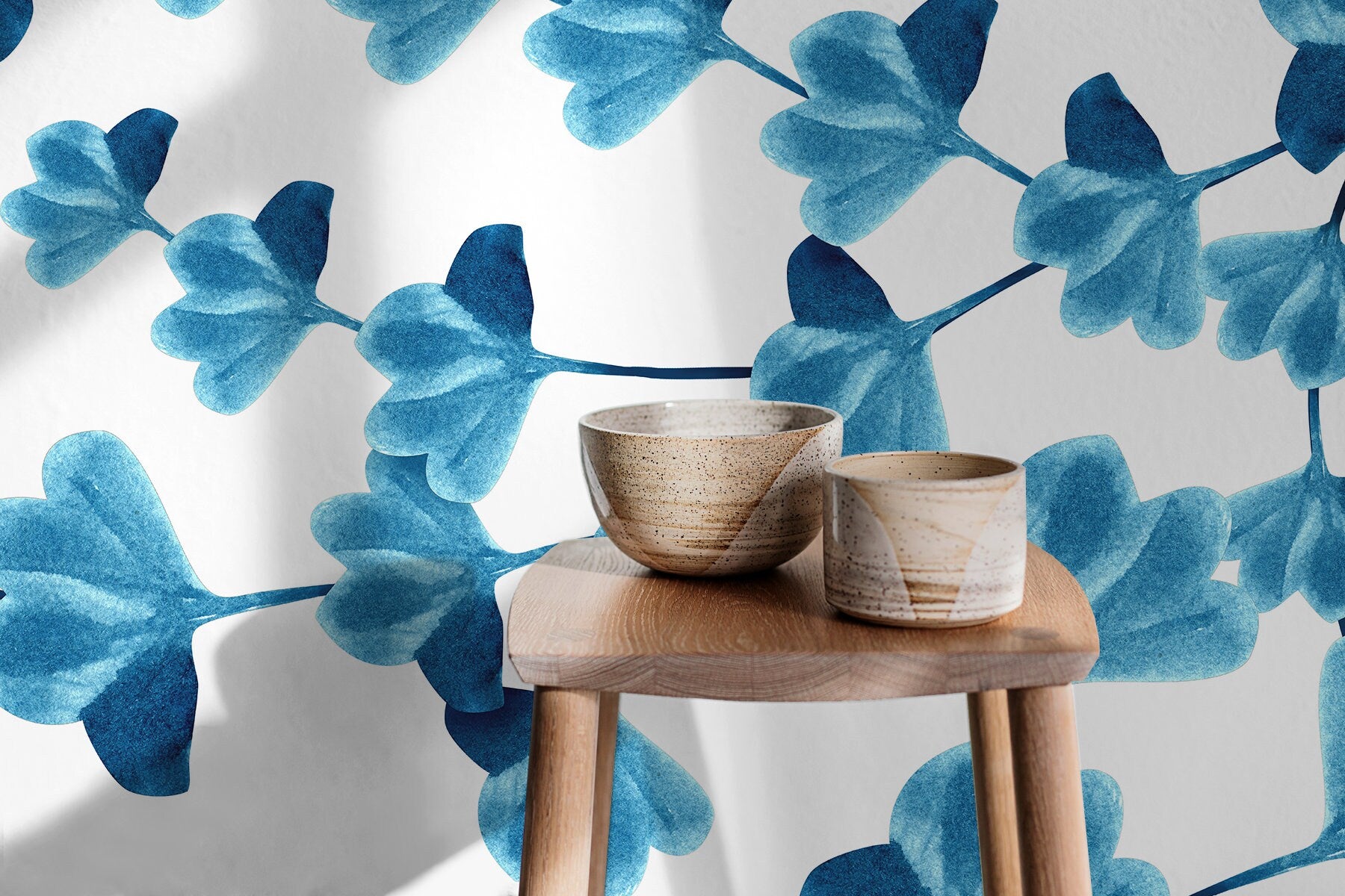 Floral Wallpaper With Stylized Watercolor Blossoms In Blue - X011