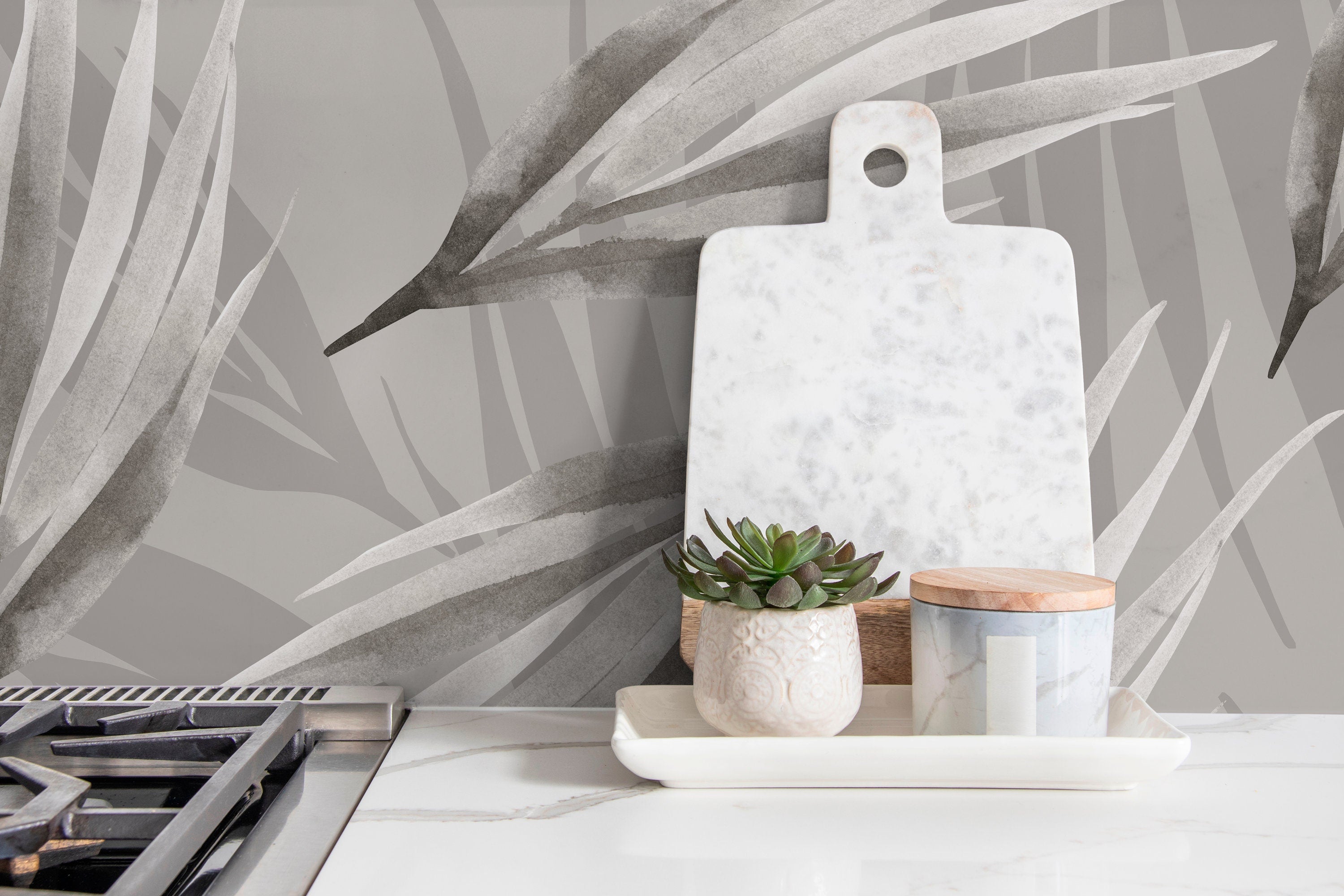 Botanical Wallpaper With Layered Watercolor Leaves In Gray And Black - X018