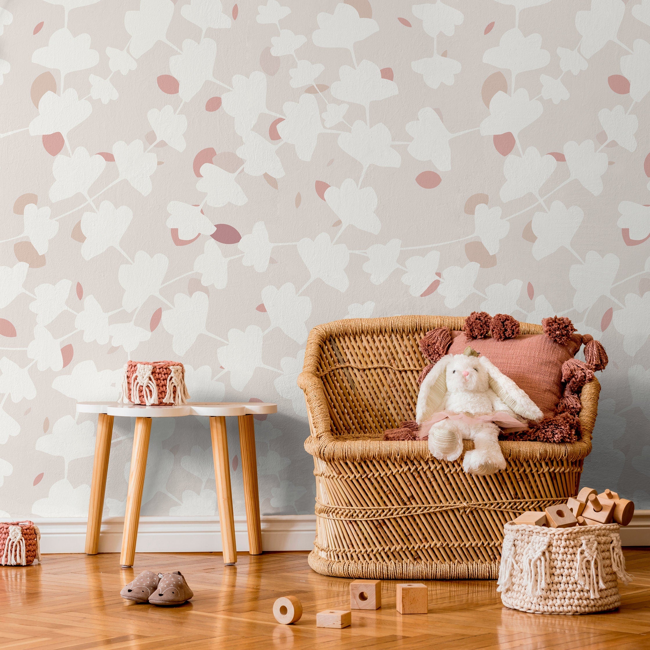 Abstract Wallpaper Featuring Minimalist Leaf Shapes In Beige, Pink, And Gray - X014