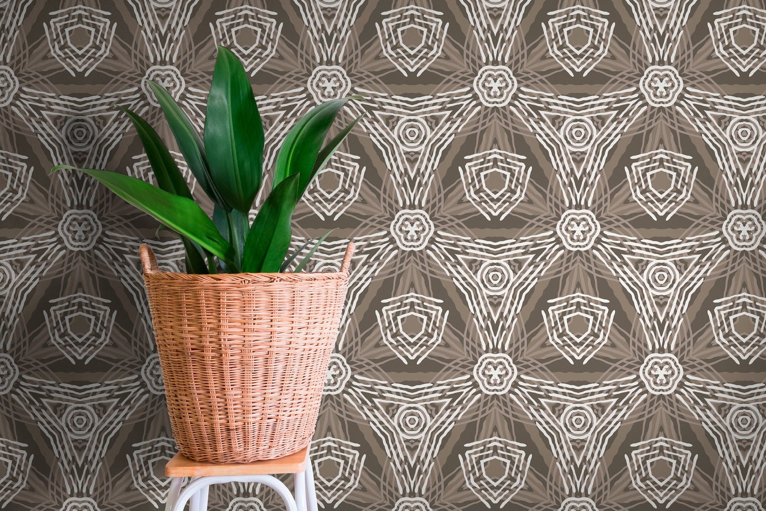 Abstract Geometric Wallpaper With A Tribal Motif In Brown And Taupe - X026