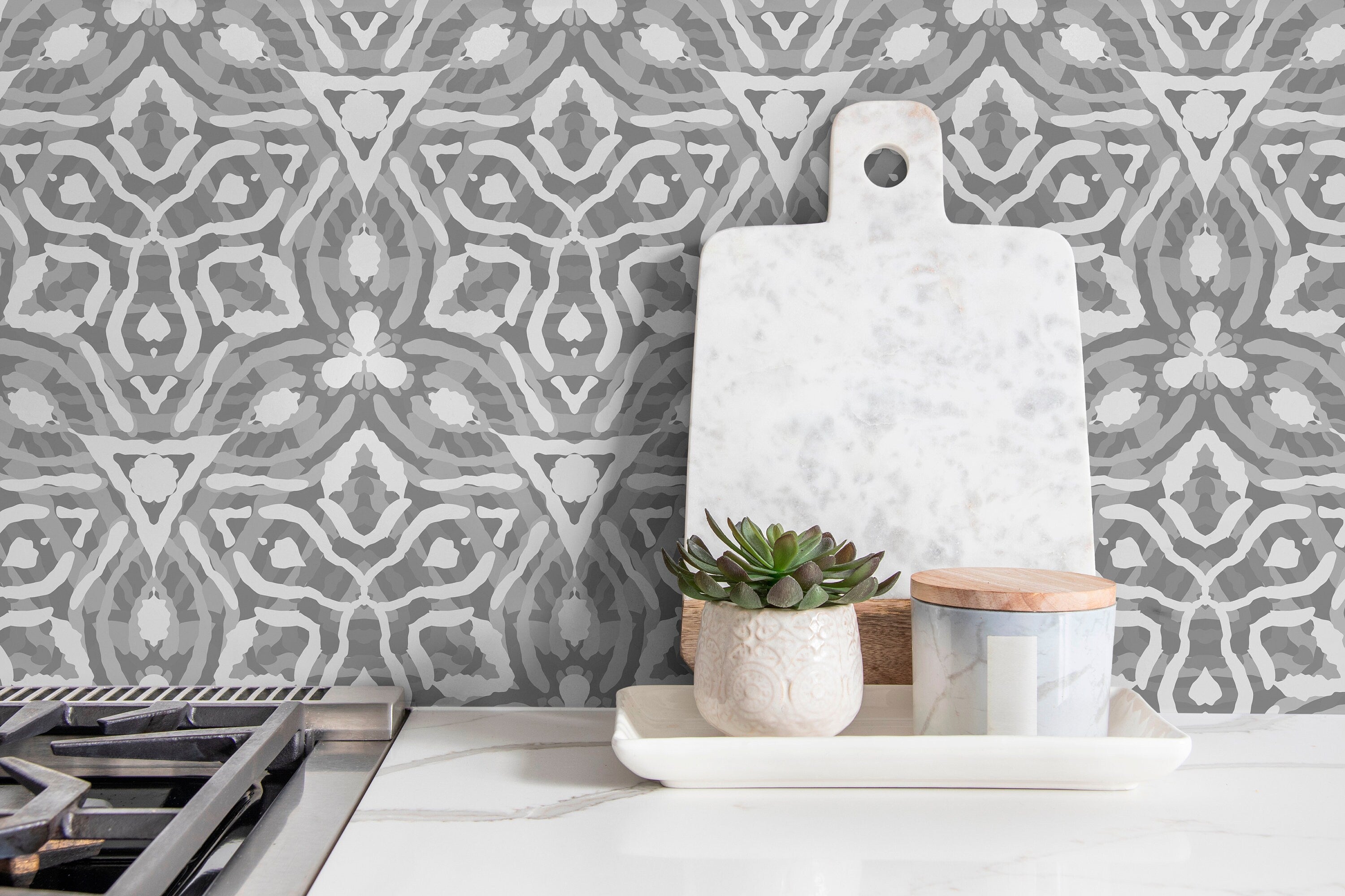 Geometric Wallpaper With A Tribal Kaleidoscope Motif In Gray And White - X028