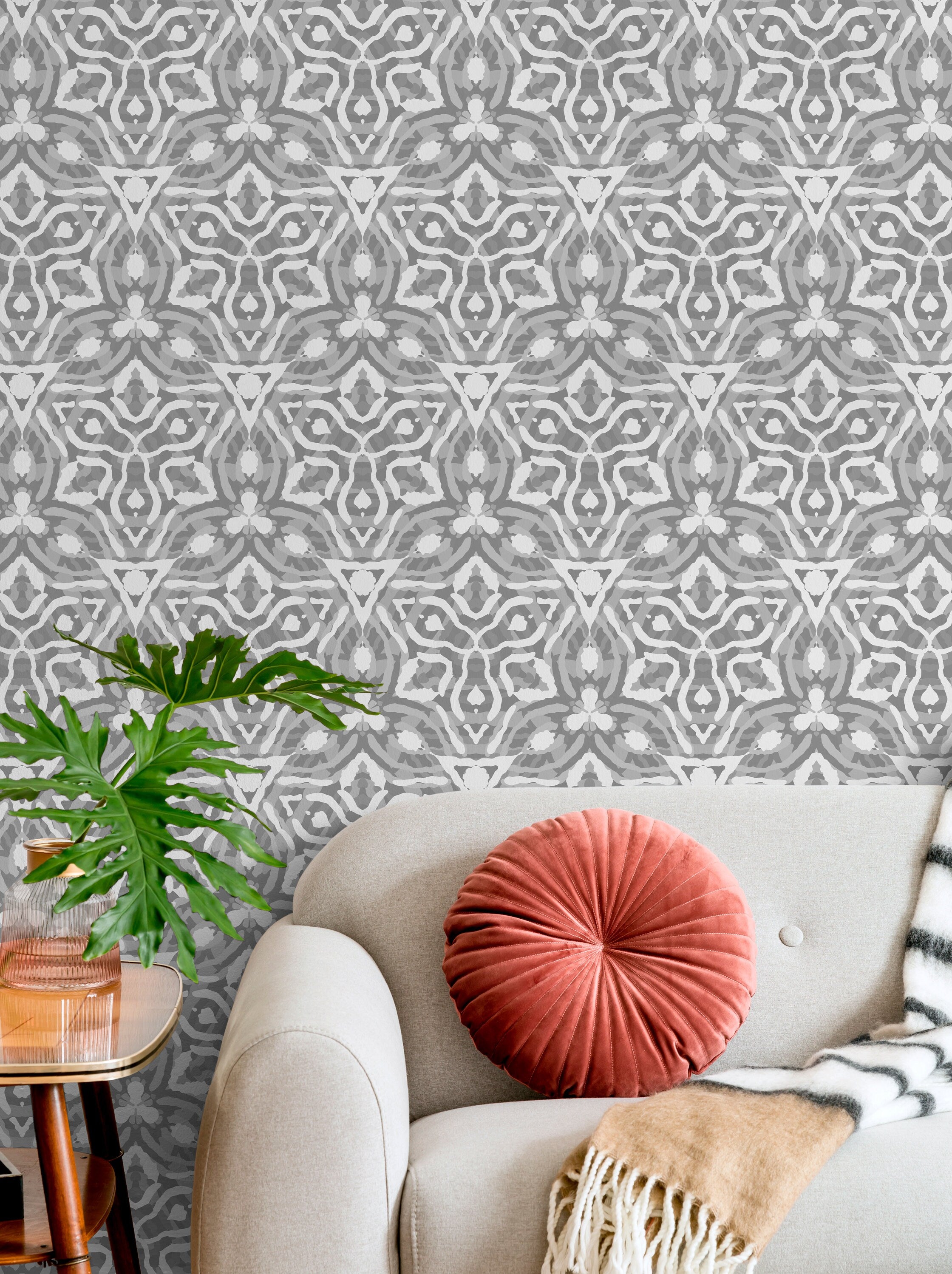 Geometric Wallpaper With A Tribal Kaleidoscope Motif In Gray And White - X028