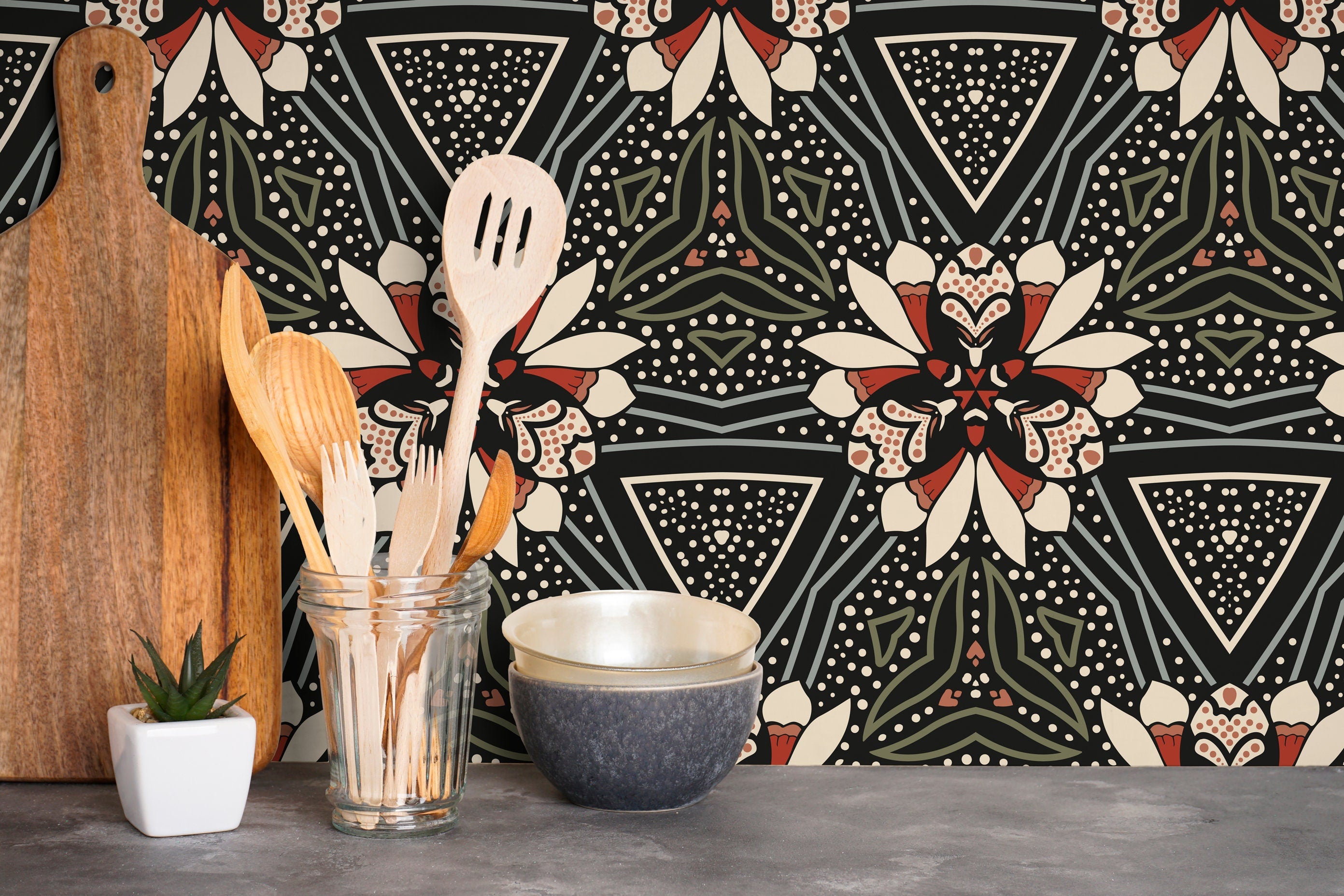 Geometric Floral Wallpaper With Stylized Blooms In Black, Cream, And Red - X025