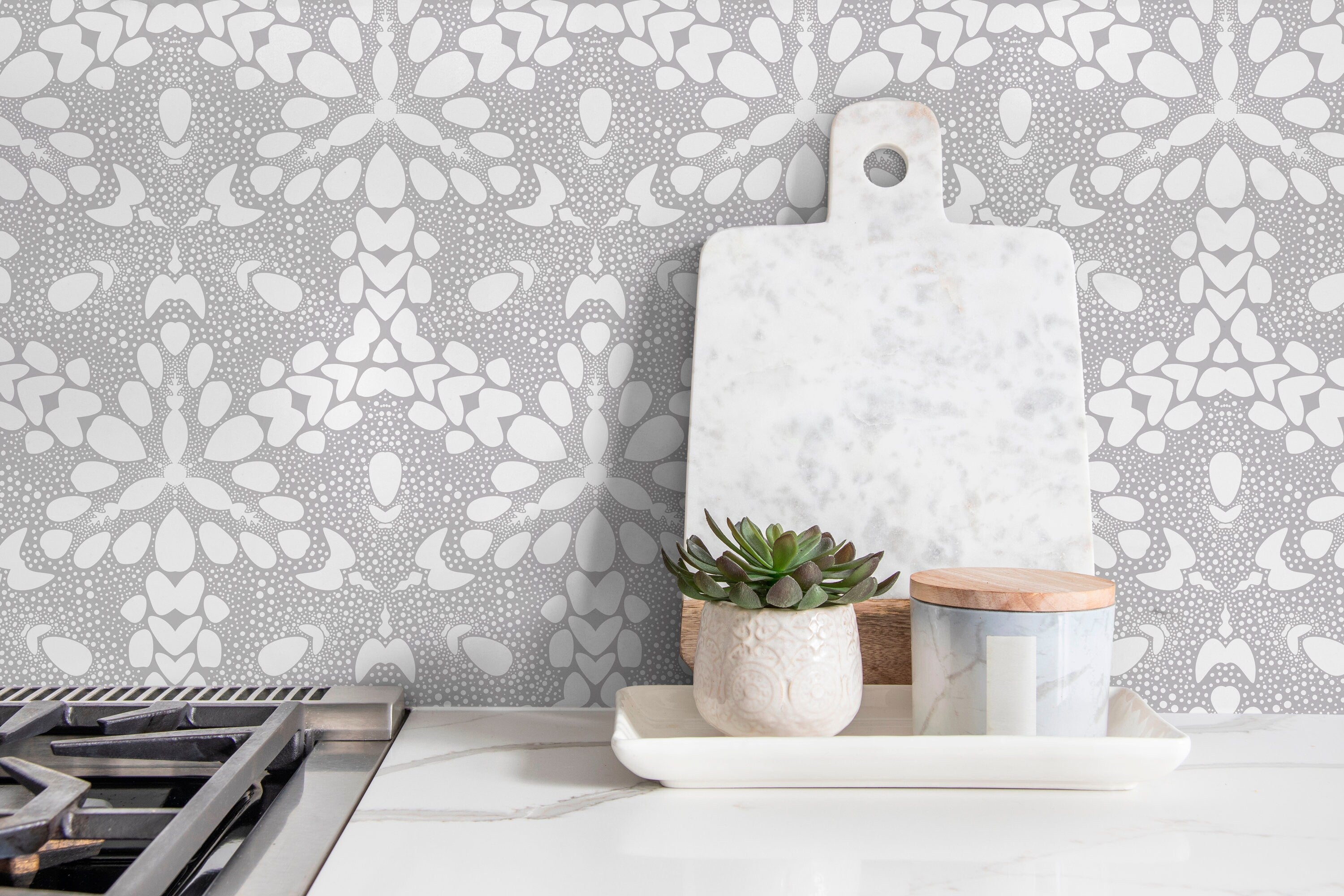 Abstract Wallpaper With A Dotted Kaleidoscopic Motif In Light Gray And White - X030