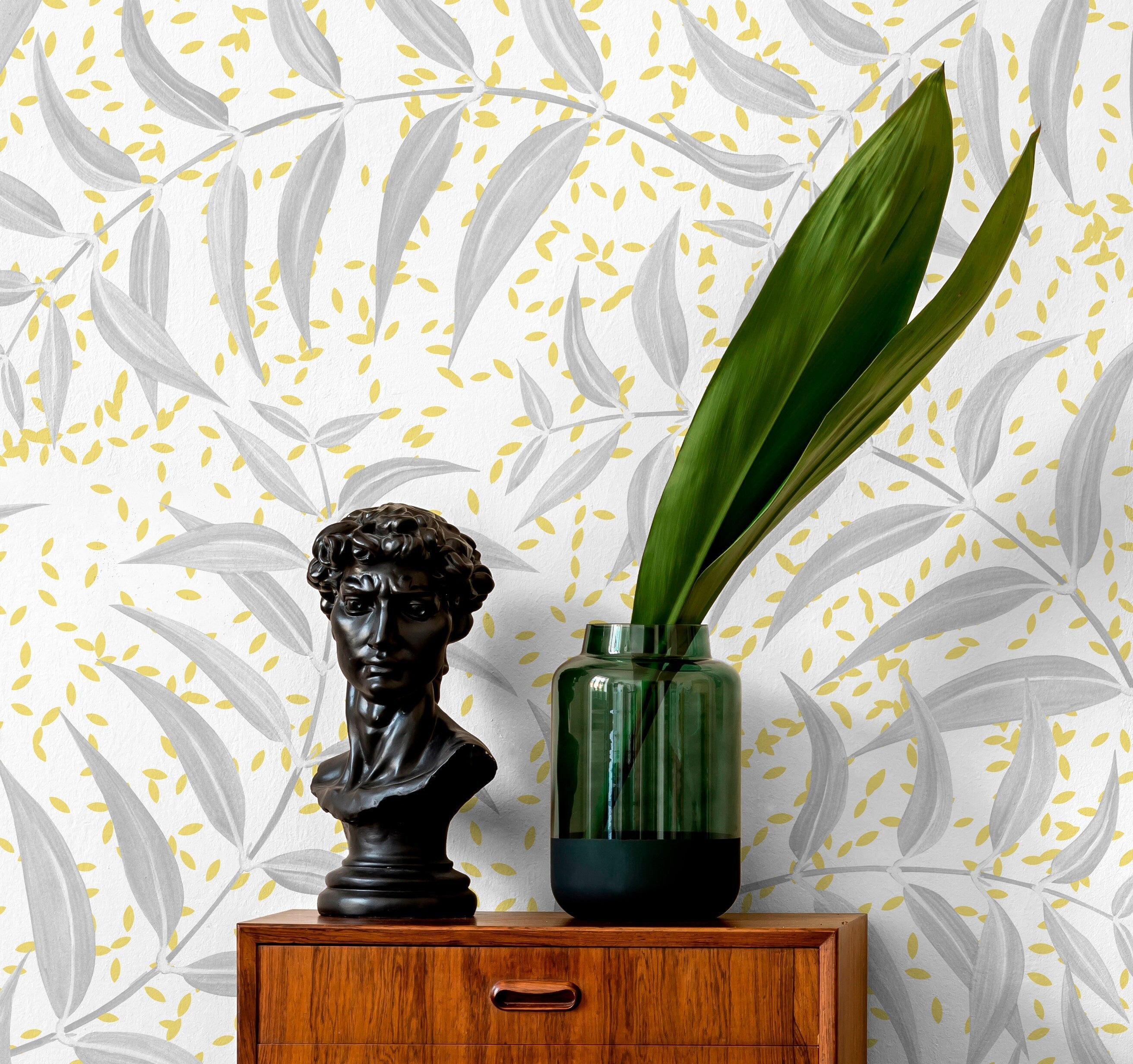 Botanical Wallpaper Featuring Stylized Leaves In Gray And Yellow - X038