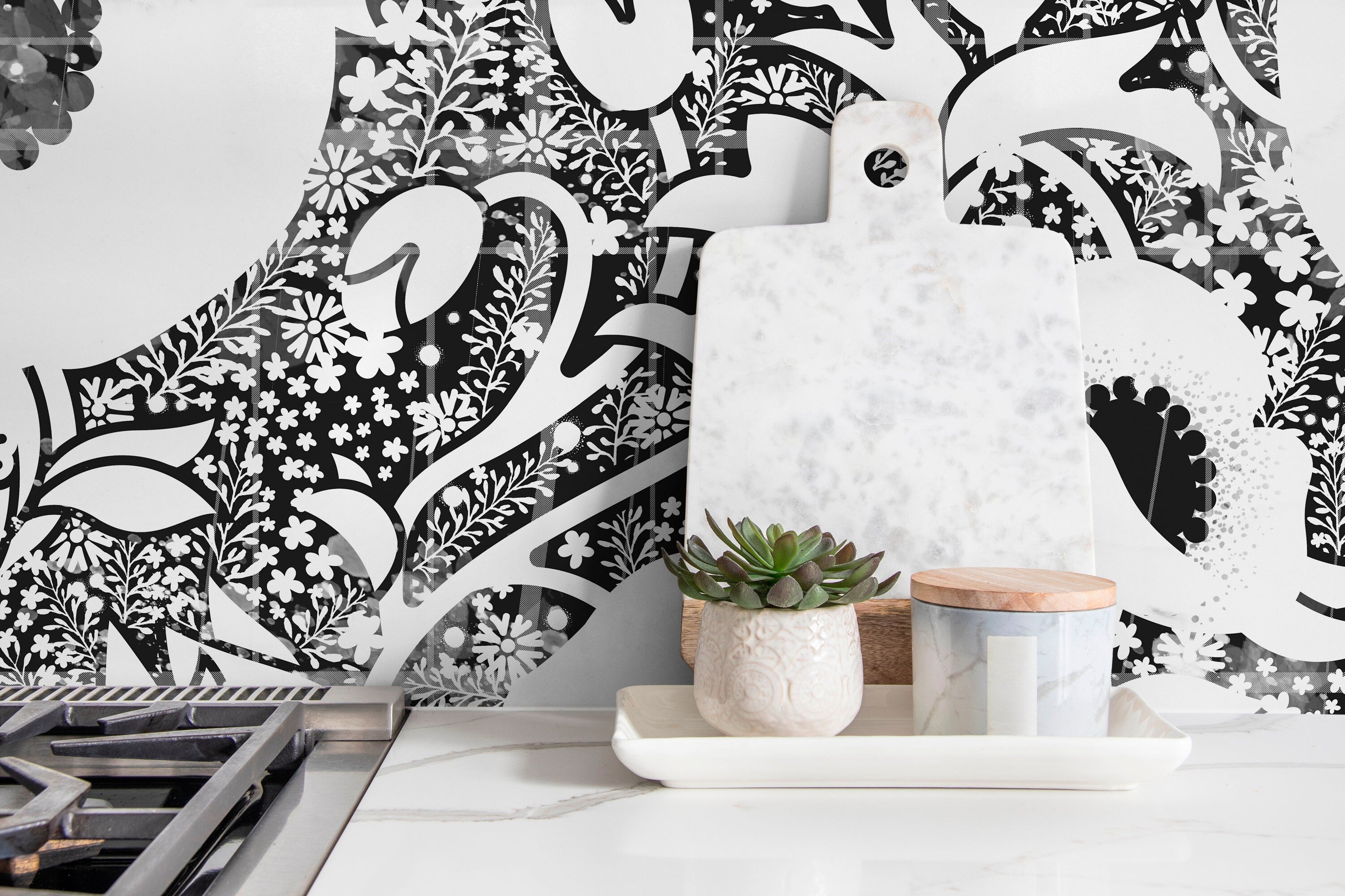 Floral Wallpaper With A Graphic Collage Motif In Black And White - X032