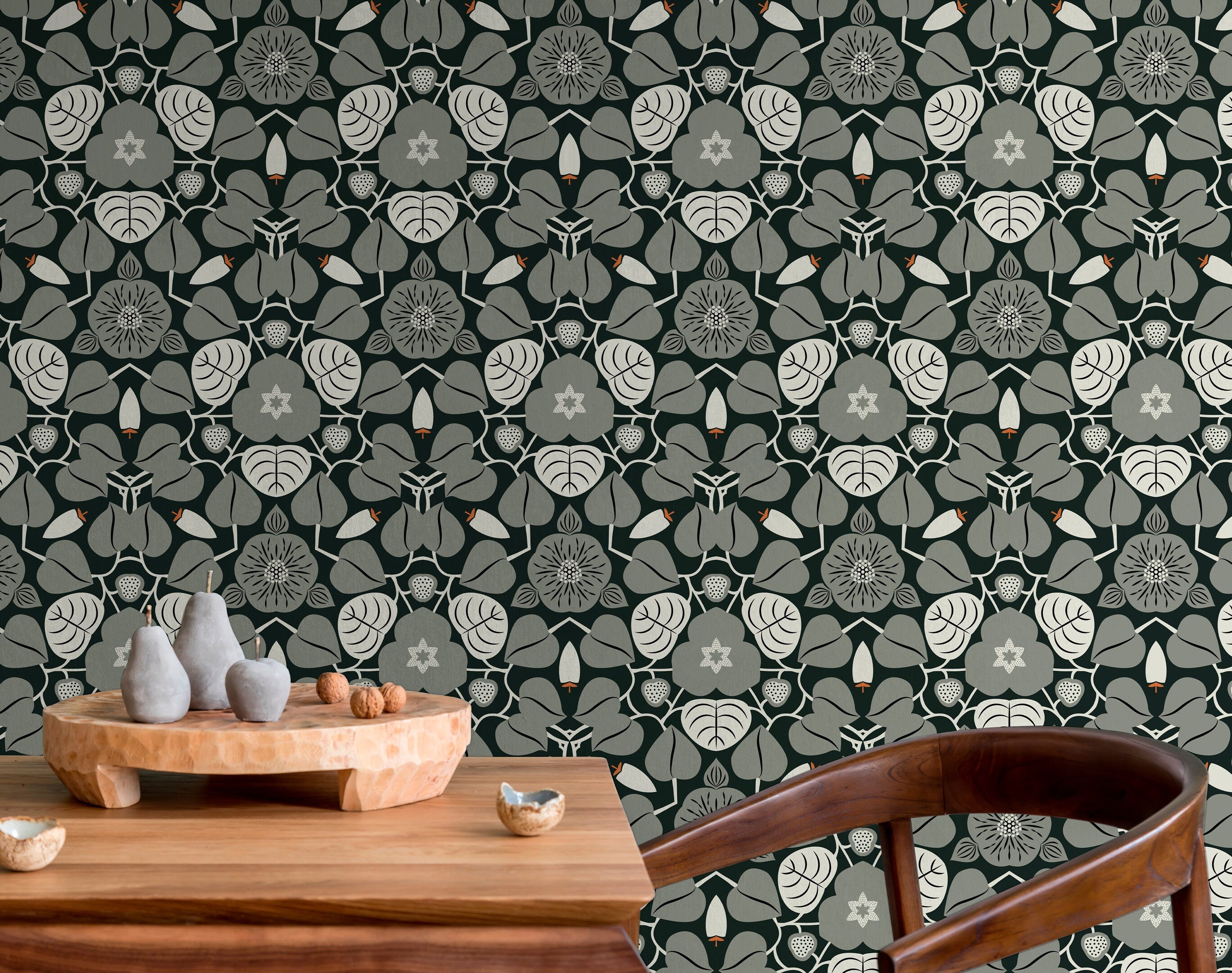 Art Nouveau Wallpaper Featuring Stylized Florals In Black And Gray - X040