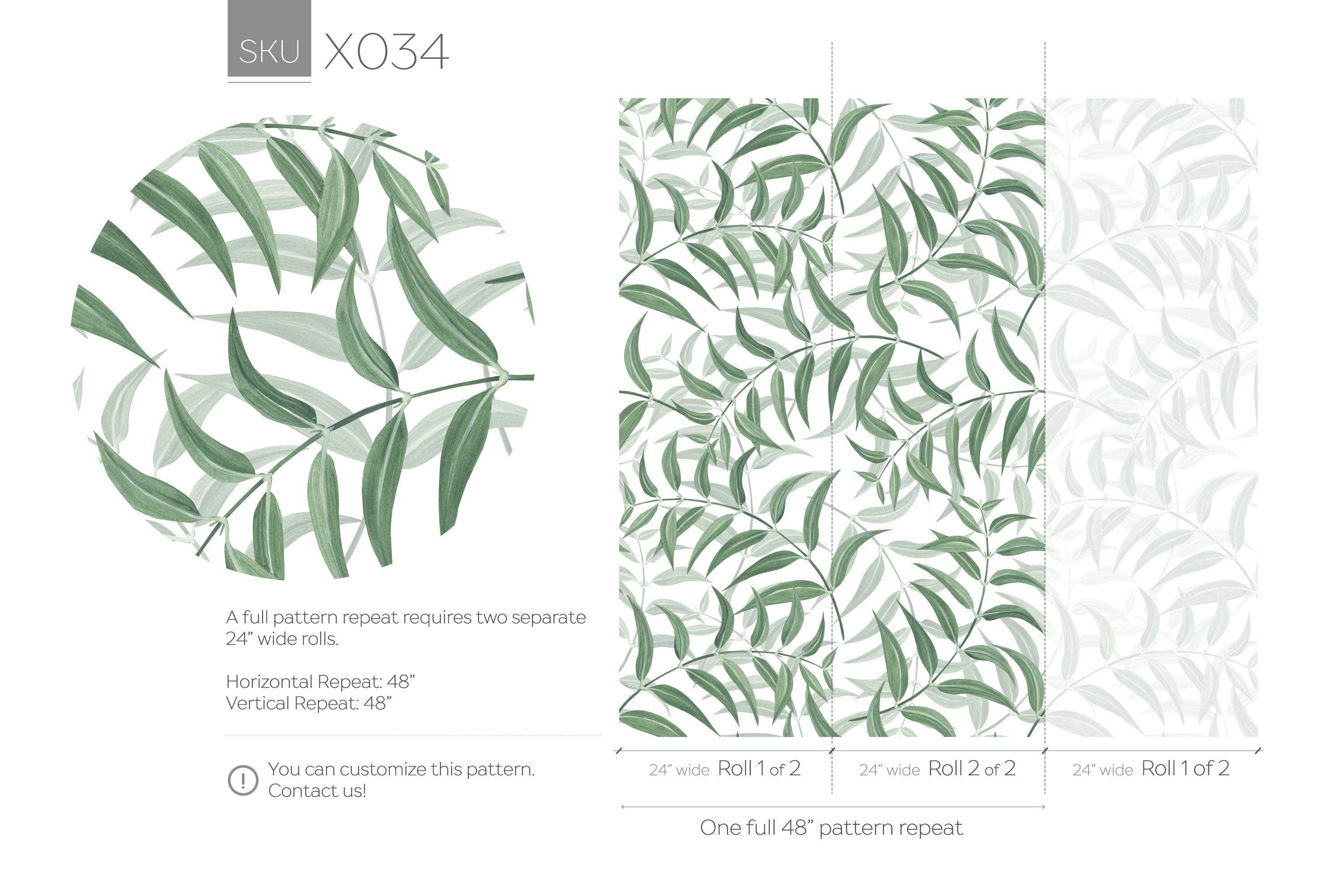 Botanical Wallpaper With A Painted Leaf Motif In Green - X034