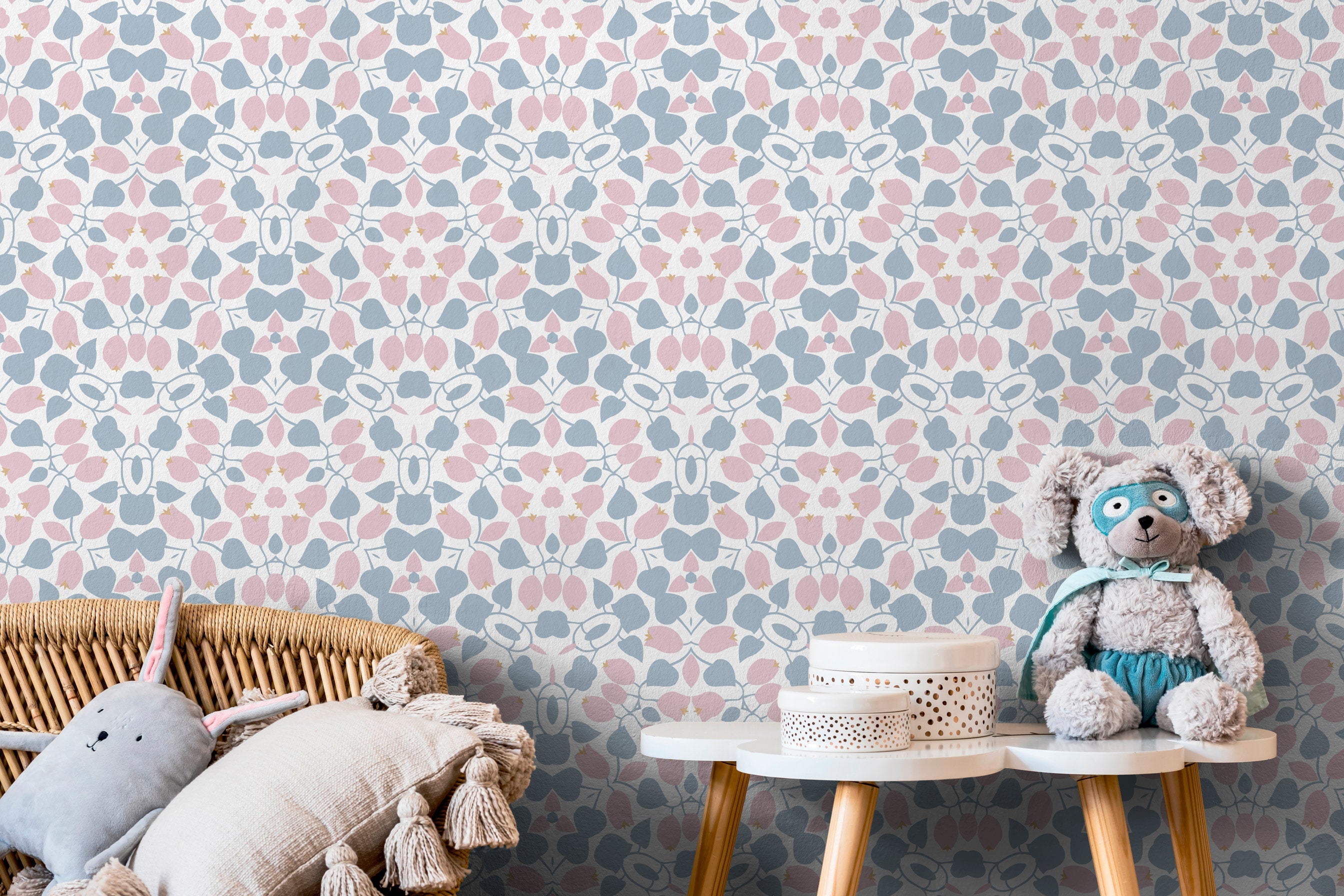 Scandinavian Wallpaper With A Stylized Tulip Motif In Pink And Blue - X049