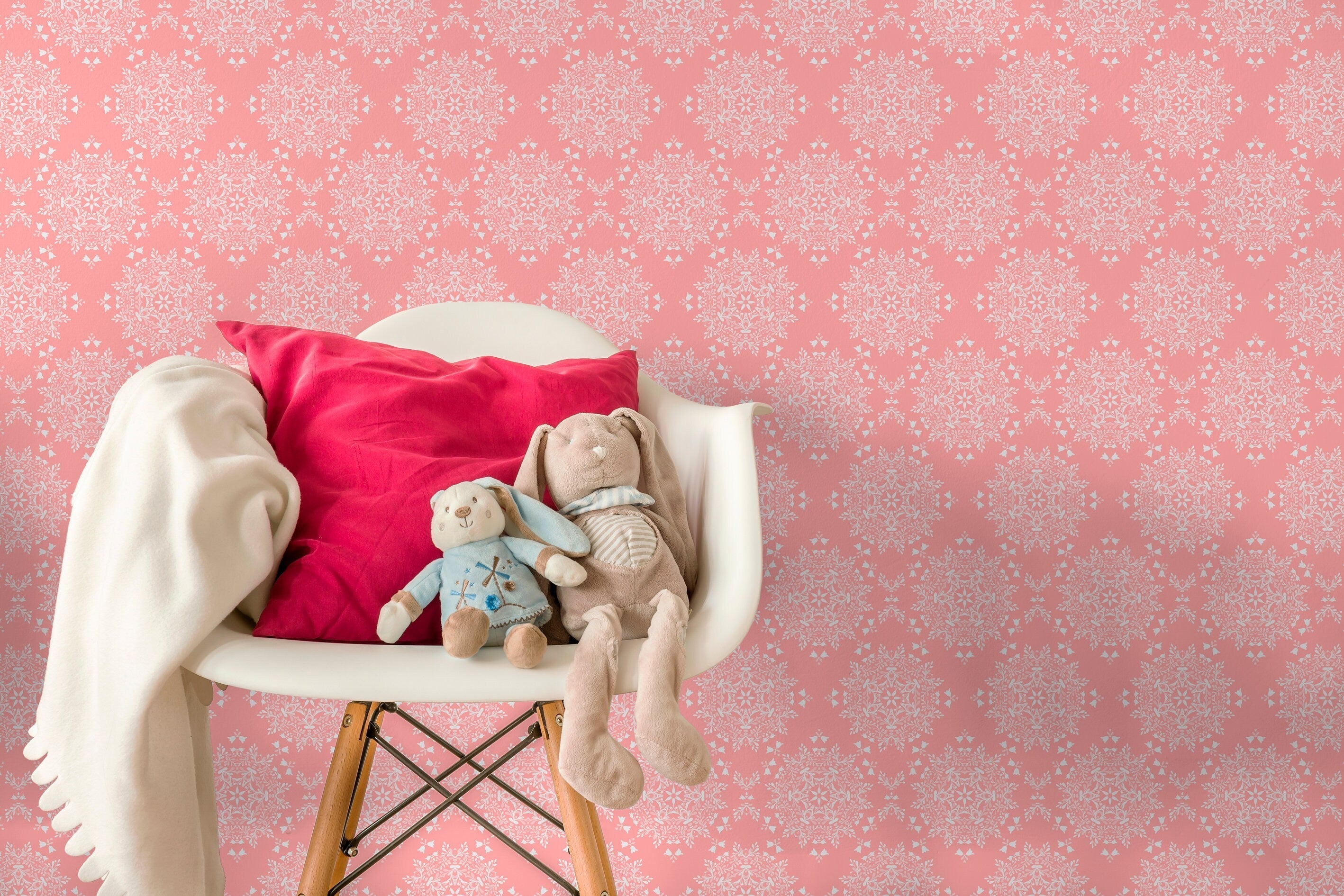 Bohemian Wallpaper With An Intricate Medallion Motif In Pink And White - X057