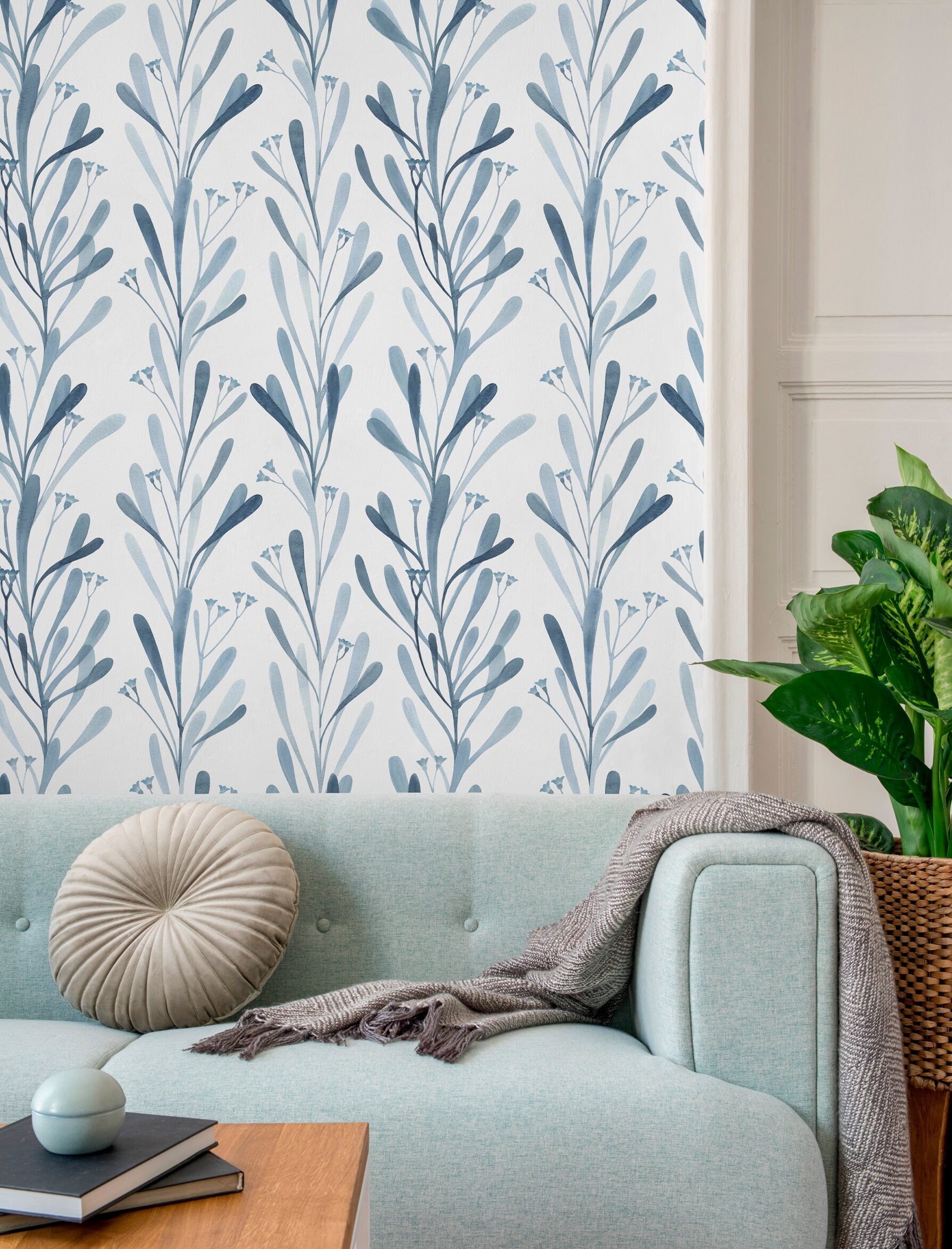 Watercolor Wallpaper Featuring Delicate Floral Stems In Blue - X058