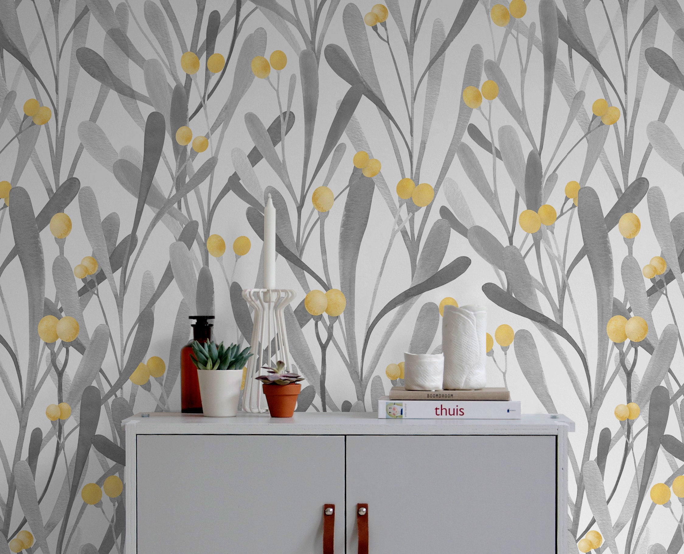 Botanical Wallpaper With Abstract Leaves And Berries In Grey And Yellow - X062
