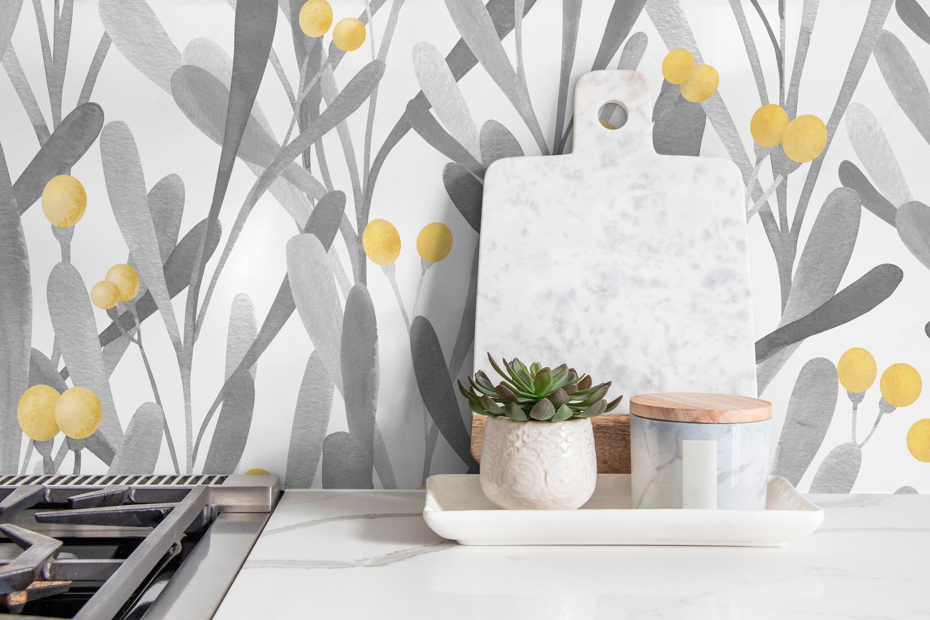 Botanical Wallpaper With Abstract Leaves And Berries In Grey And Yellow - X062