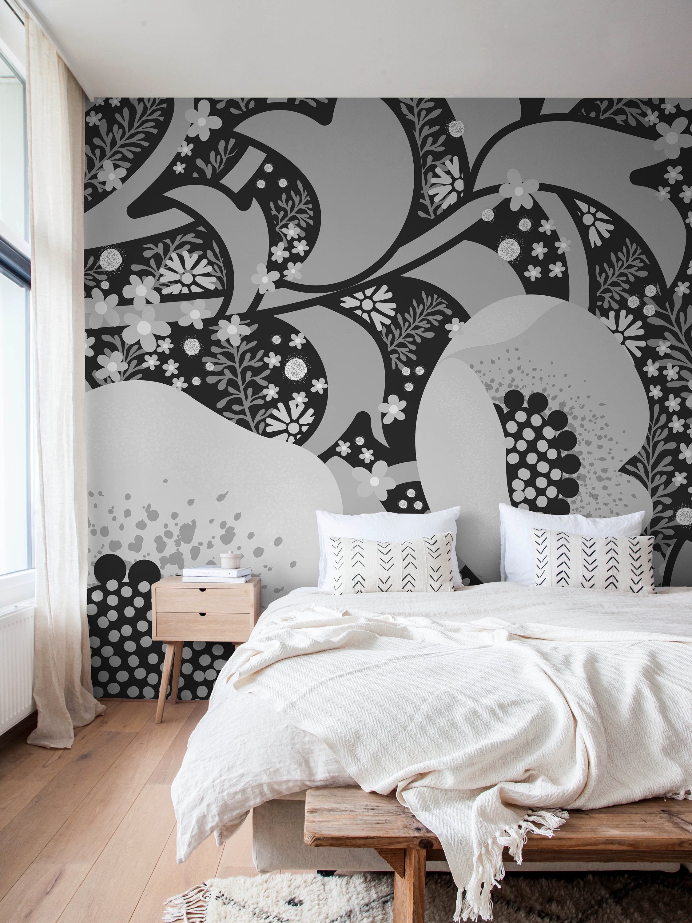 Abstract Wallpaper With A Stylized Floral Mural In Black, Gray, And White - X067