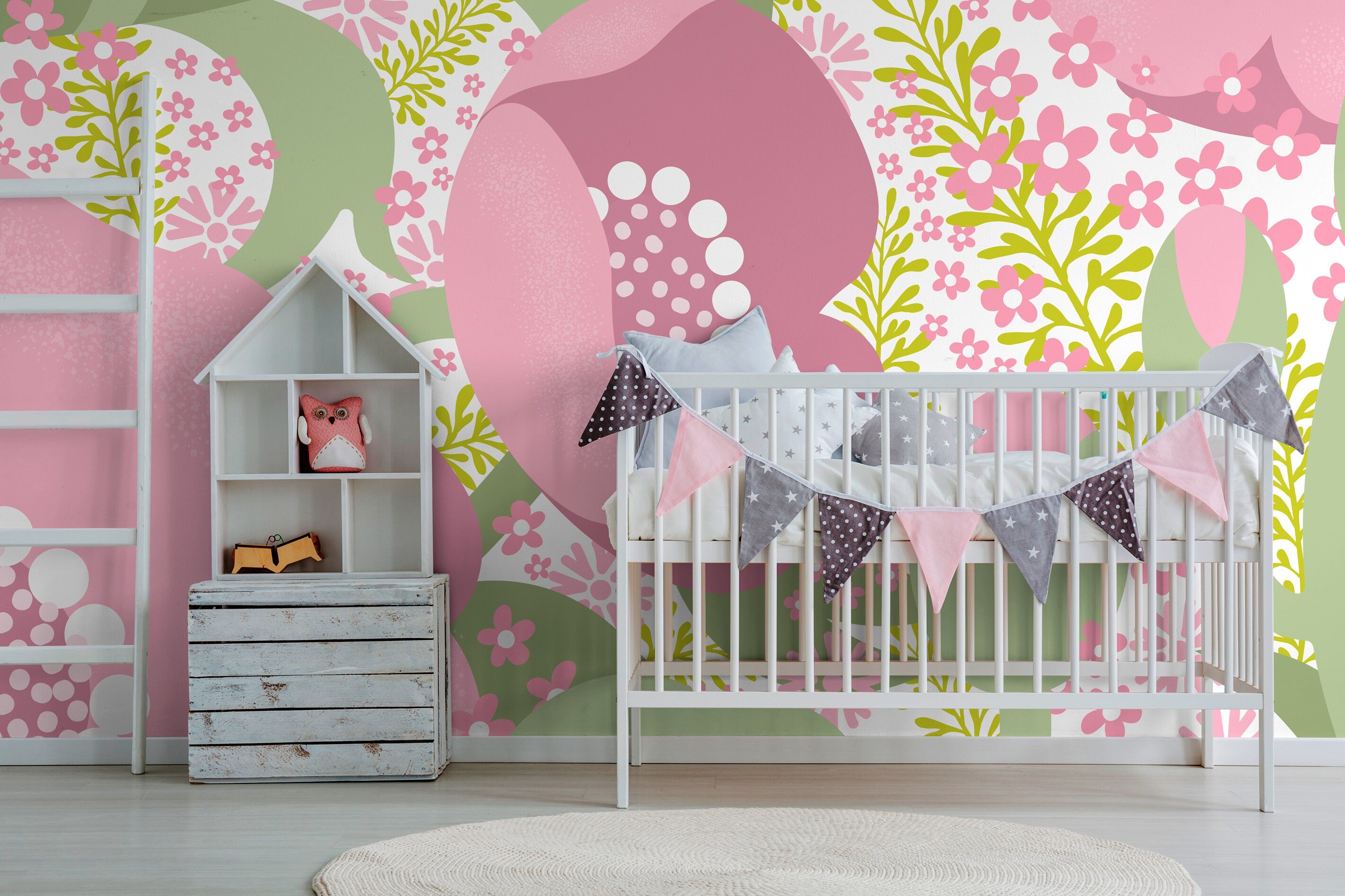 Abstract Floral Wallpaper With A Modern Collage In Pink And Green - X068