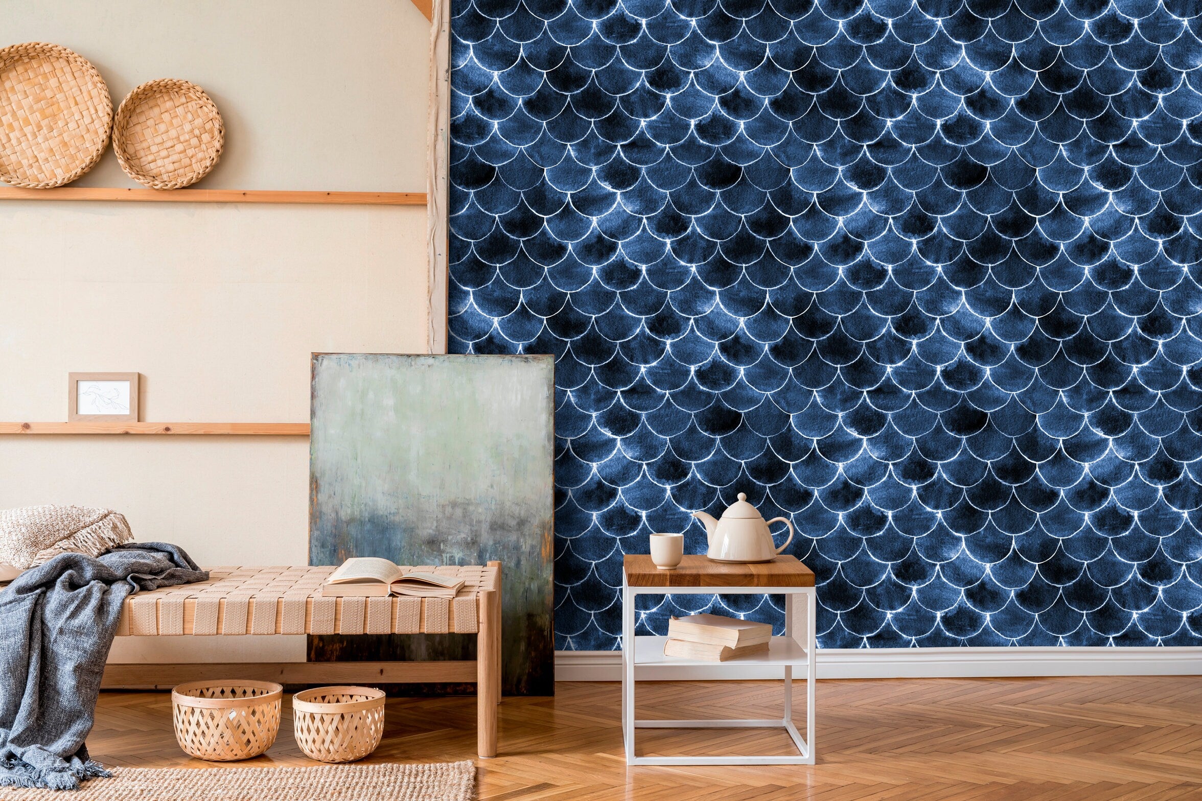 Scallop Wallpaper With A Watercolor Fish Scale Motif In Navy Blue And White - X089