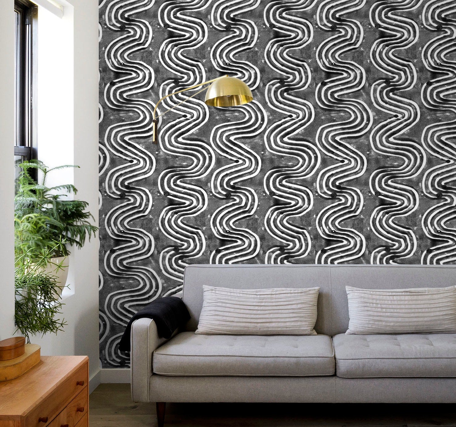 Abstract Wallpaper With Bold Wavy Lines In Black And White - X096