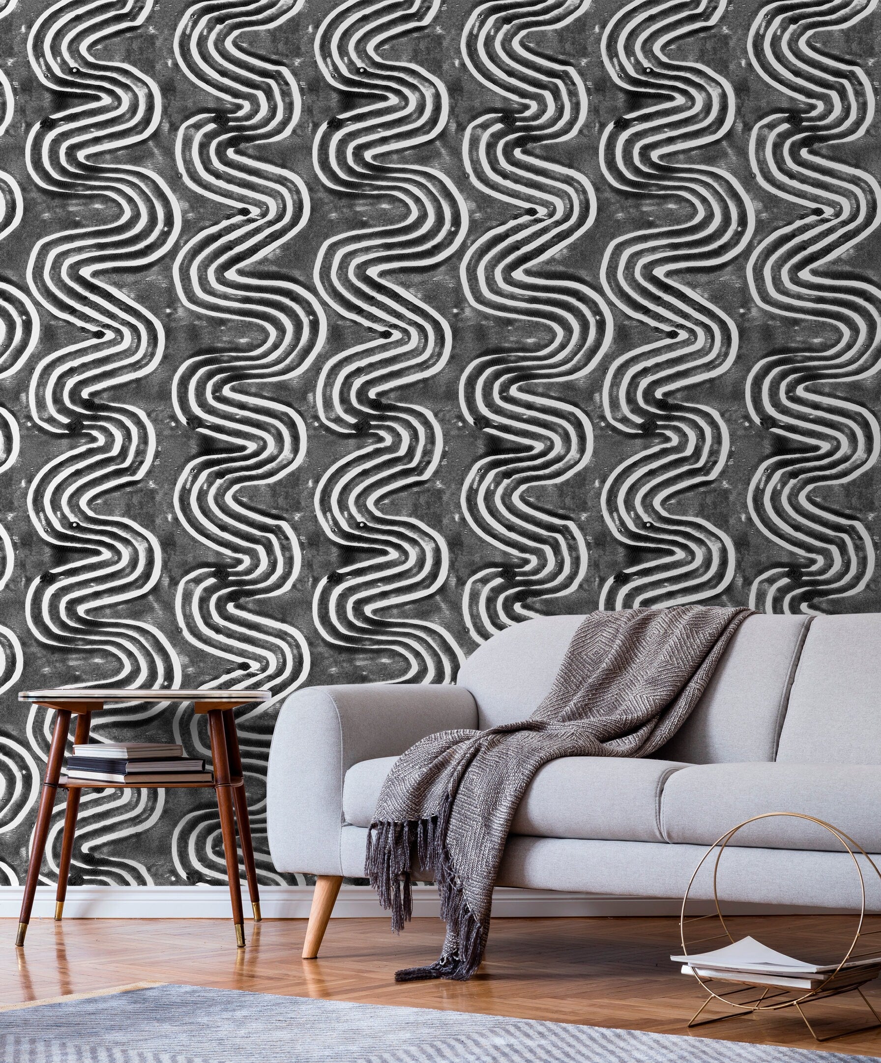 Abstract Wallpaper With Bold Wavy Lines In Black And White - X096
