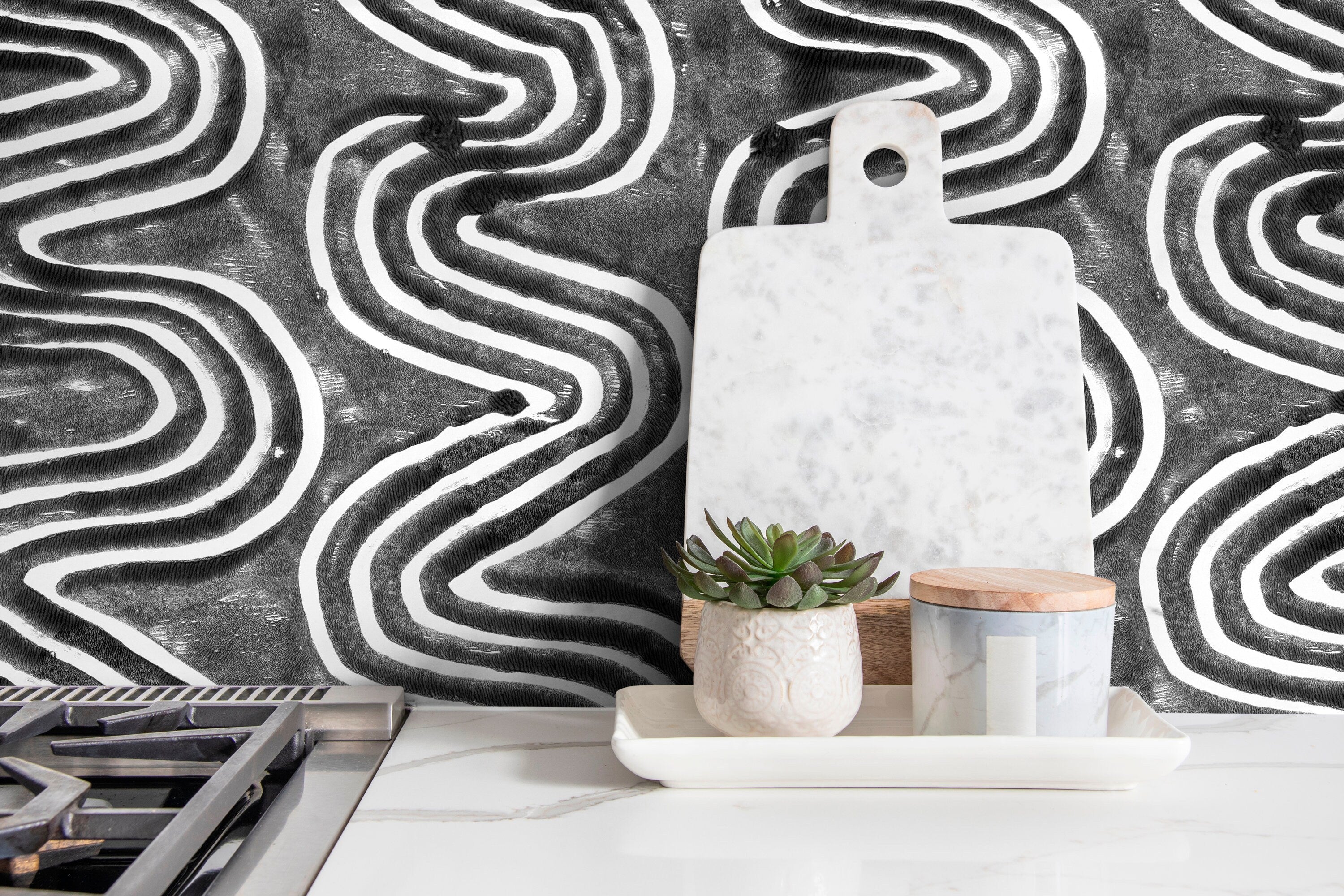 Abstract Wallpaper With Bold Wavy Lines In Black And White - X096