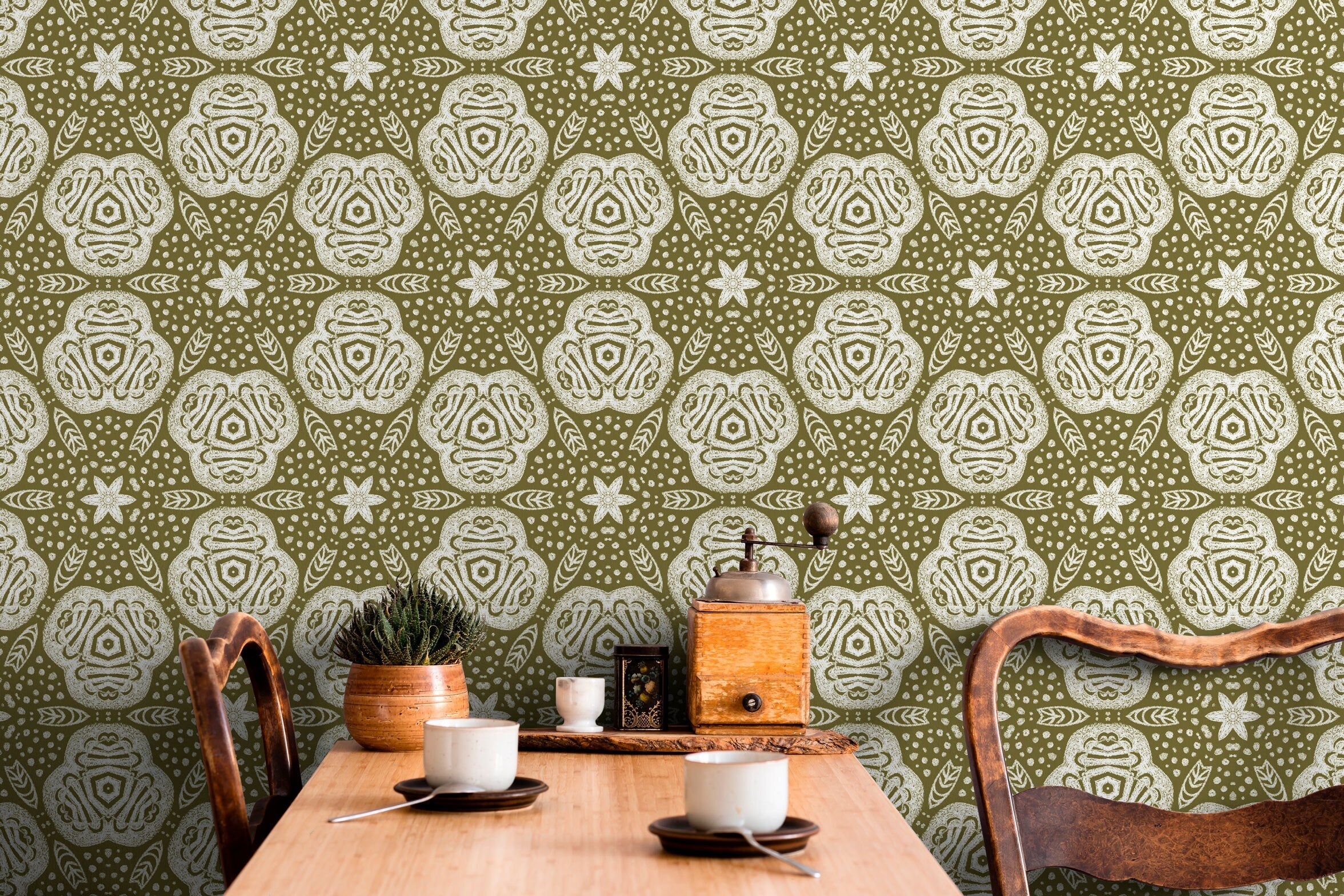 Bohemian Wallpaper With Folk Art Medallions In Olive Green And White - X098