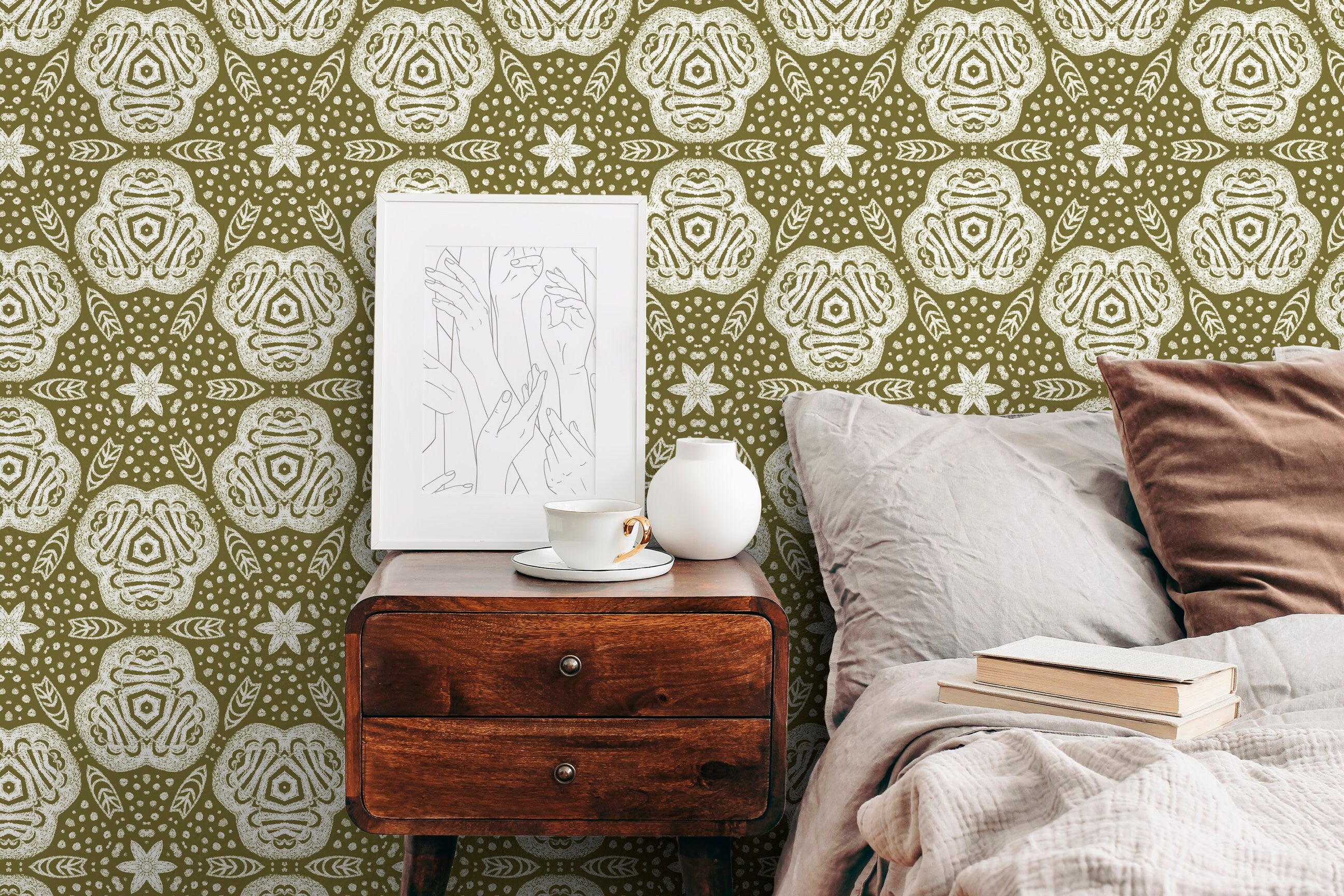 Bohemian Wallpaper With Folk Art Medallions In Olive Green And White - X098