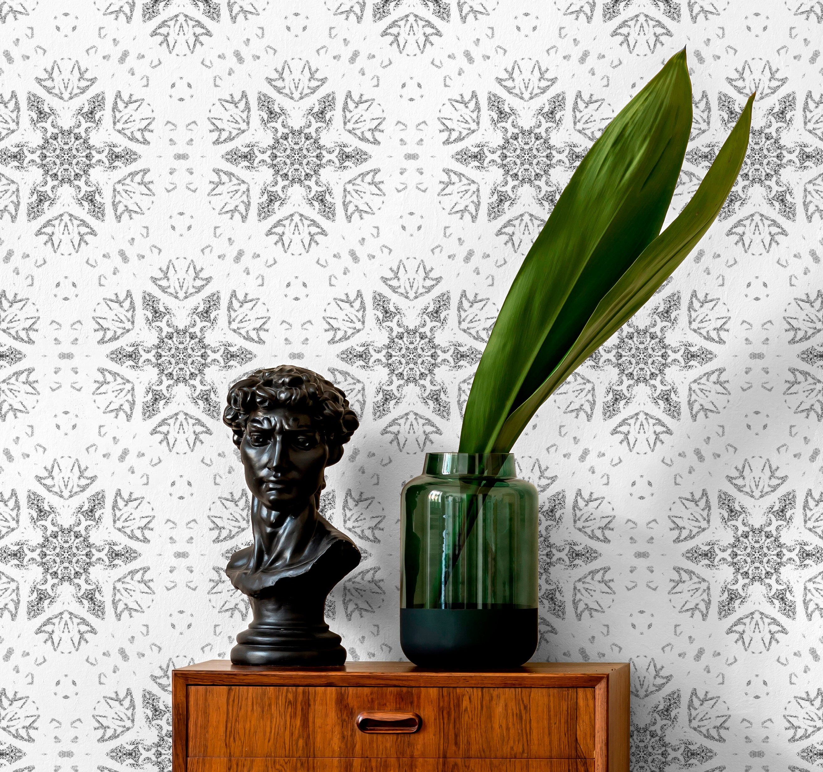 Geometric Wallpaper With A Stamped Medallion Motif In Black And Grey - X100