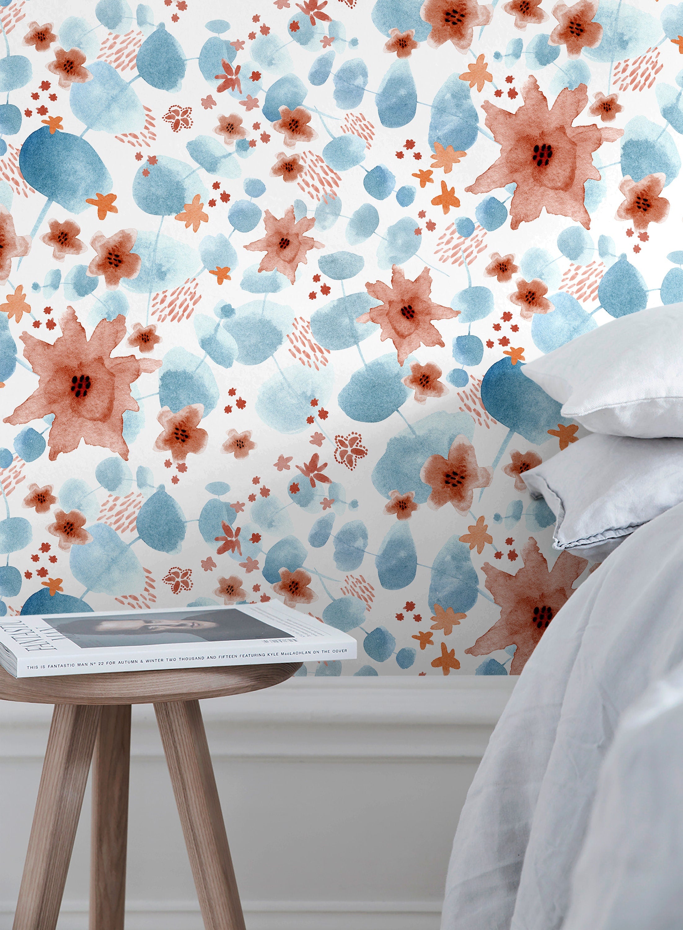 Abstract Wallpaper With Watercolor Florals In Blue And Terracotta - X003